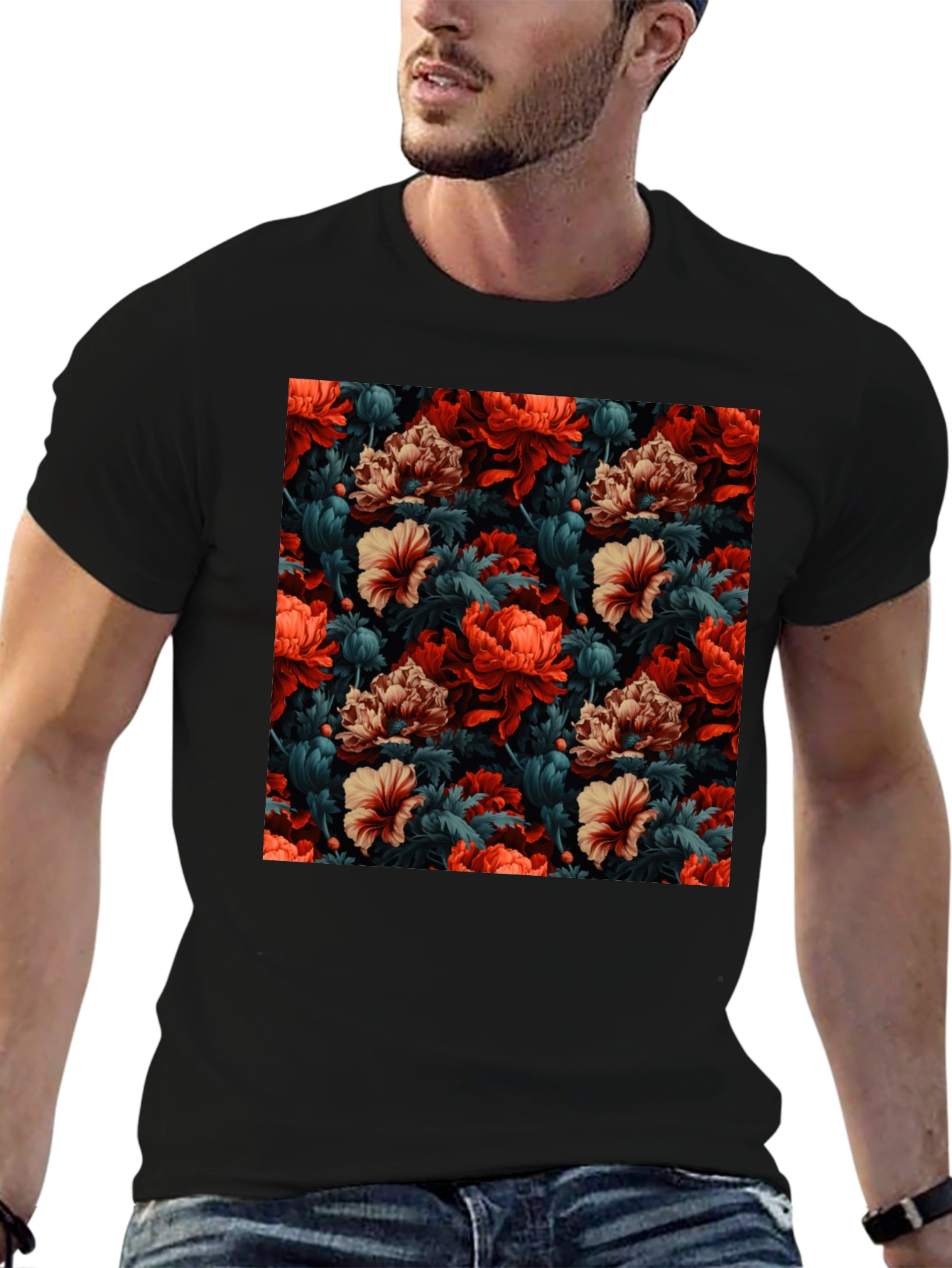 Floral Print T-Shirt - Red Tan and Green