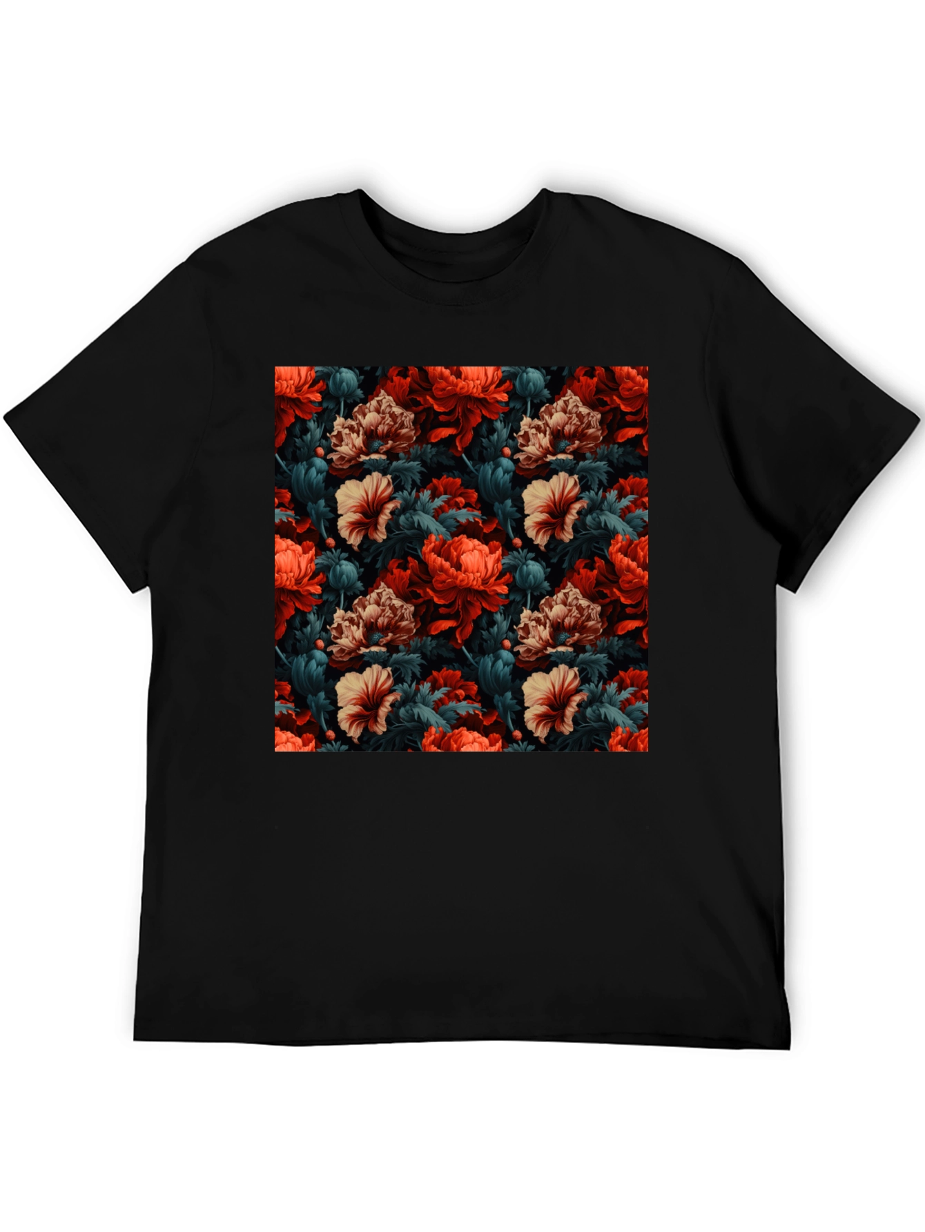 Floral Print T-Shirt - Red Tan and Green