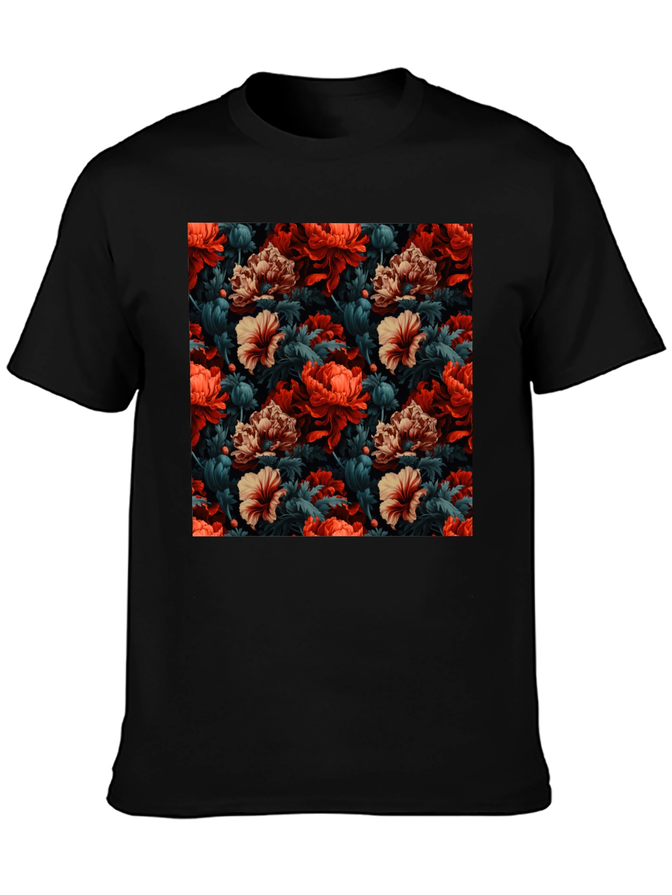 Floral Print T-Shirt - Red Tan and Green