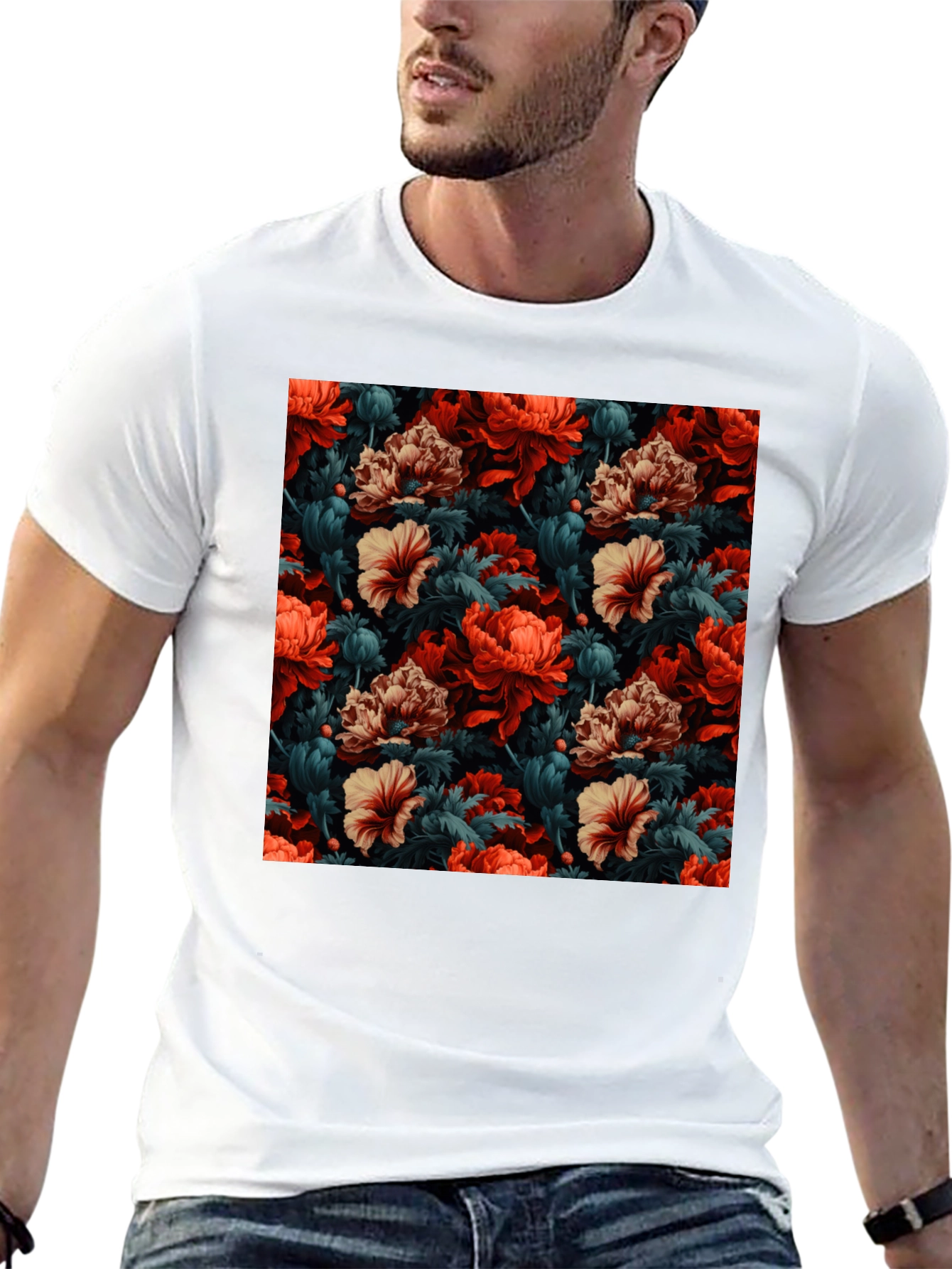 Floral Print T-Shirt - Red Tan and Green