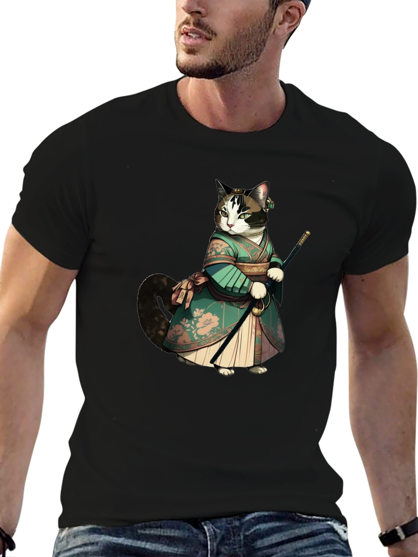 Samurai Cat Graphic Tee - Unique Anime Style