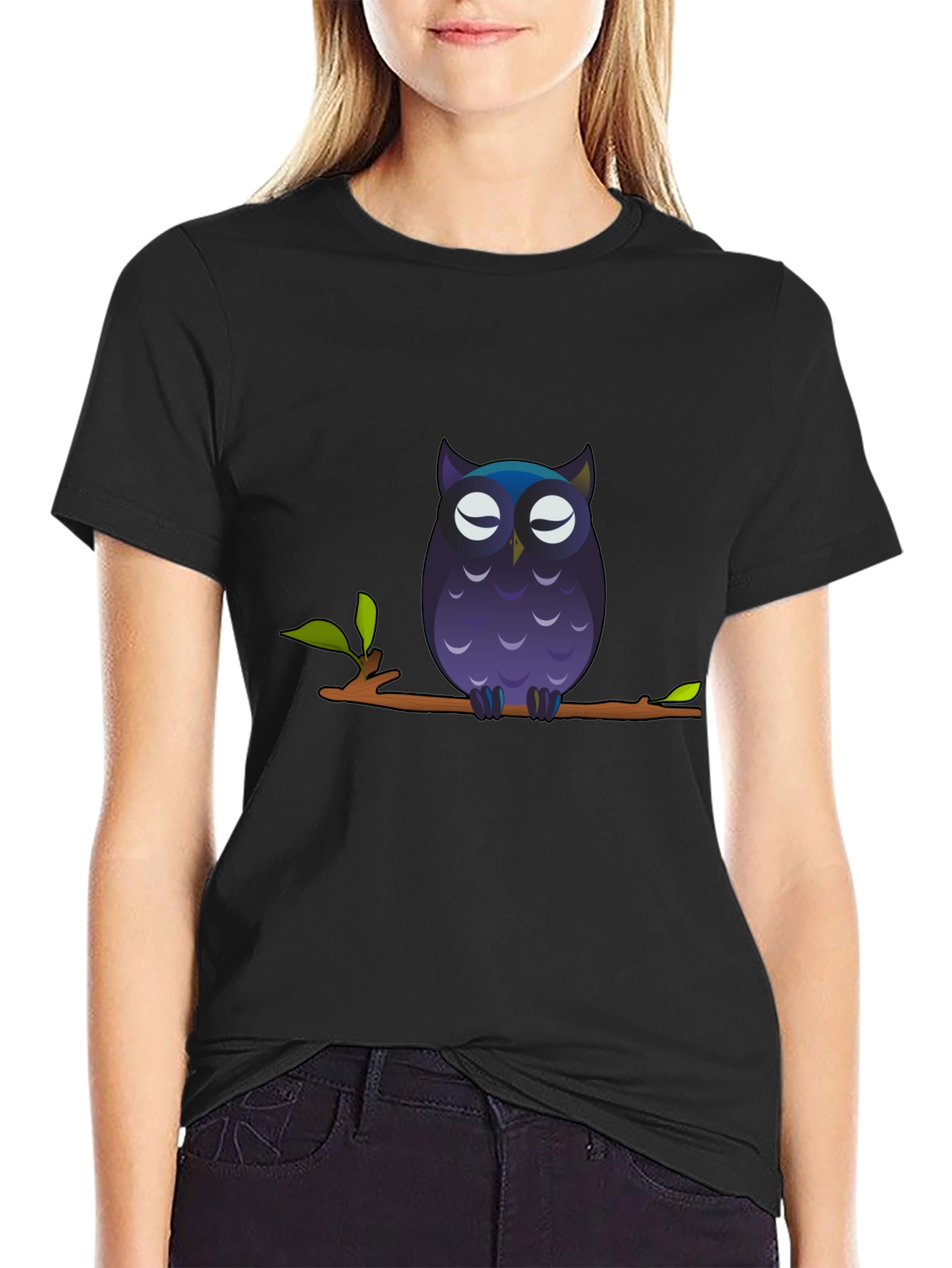 Owl on Branch Graphic Tee - Black Cotton T-Shirt