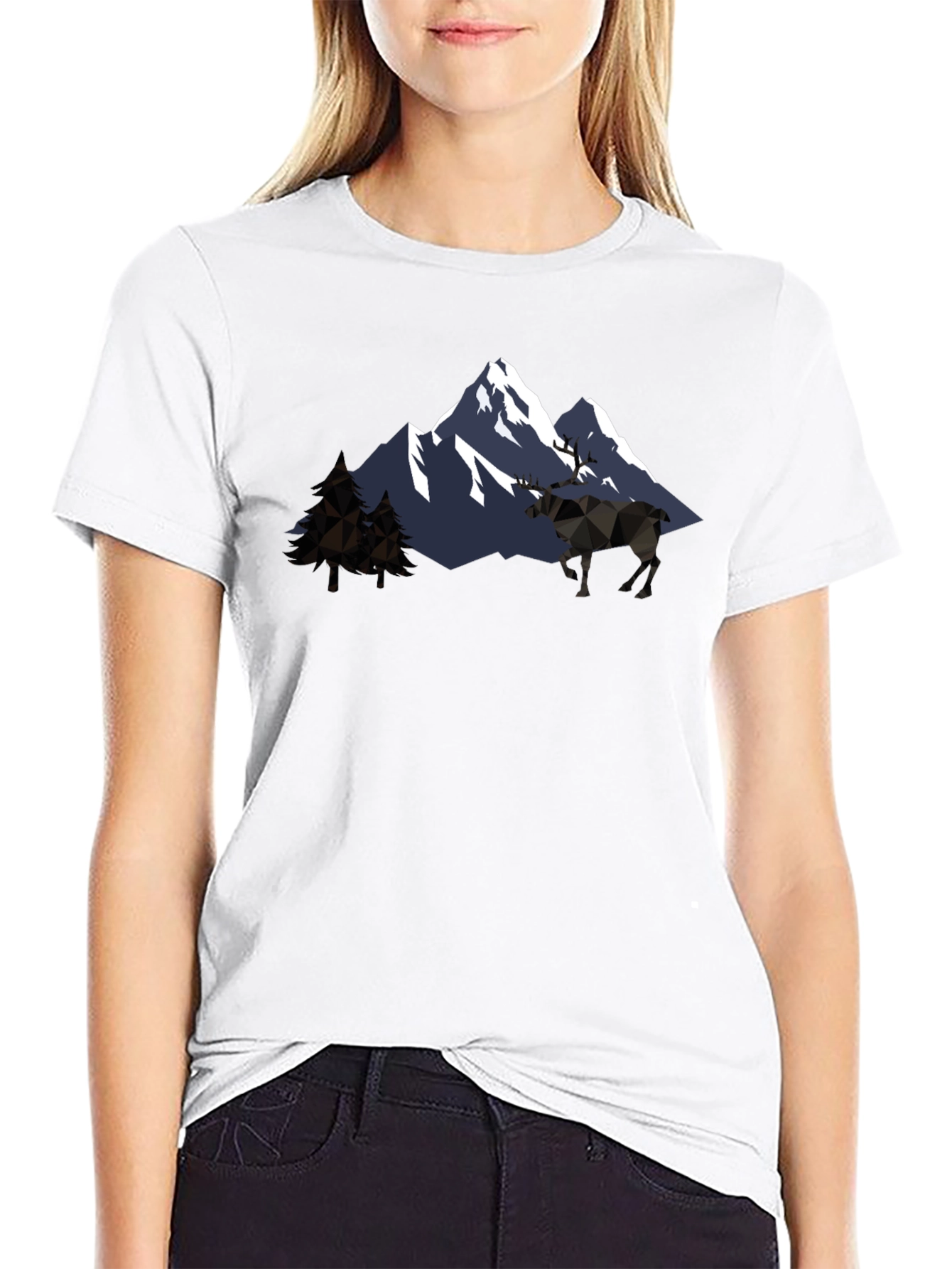 Geometric Mountain & Moose Graphic T-Shirt
