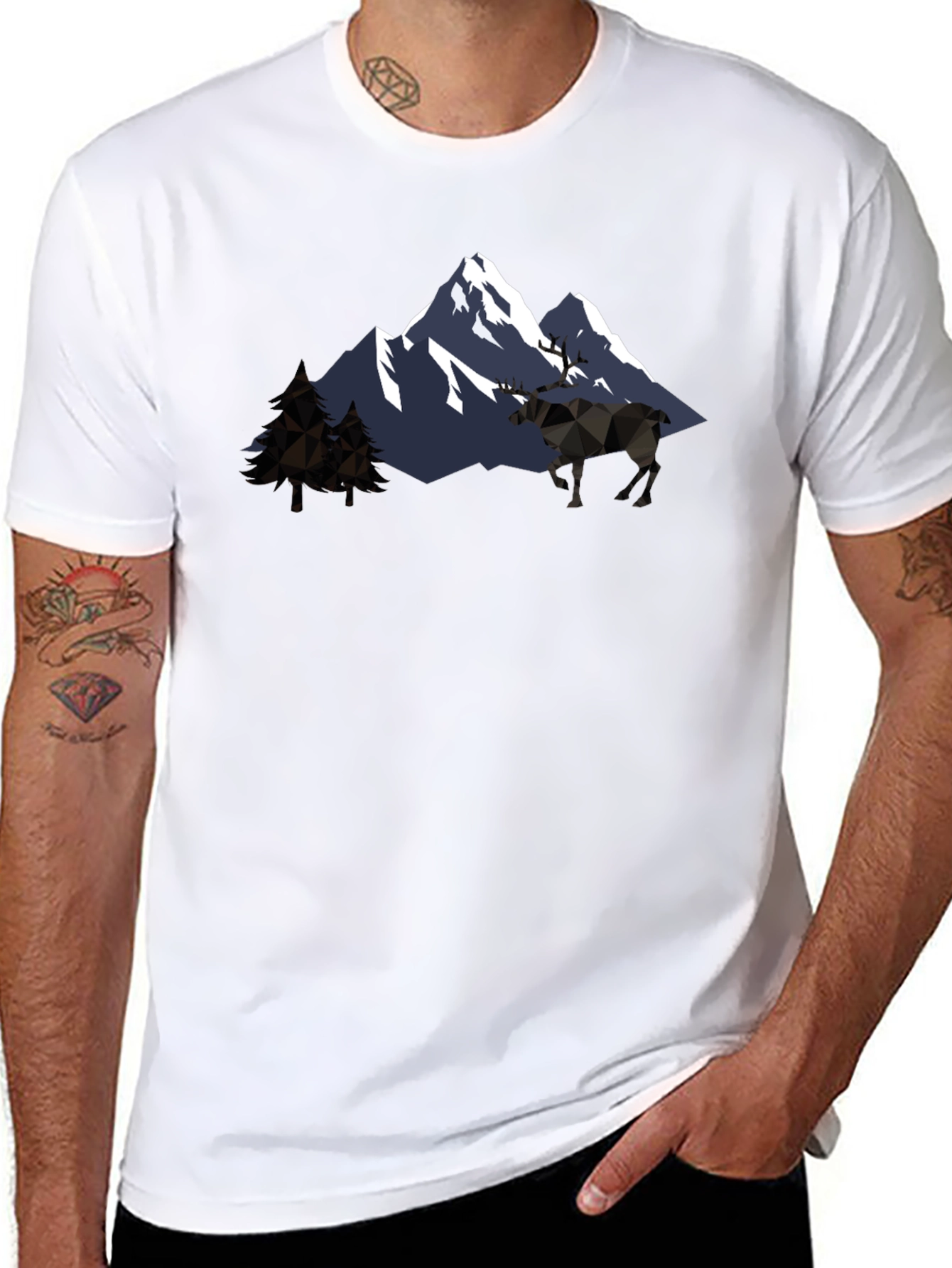 Geometric Mountain & Moose Graphic T-Shirt