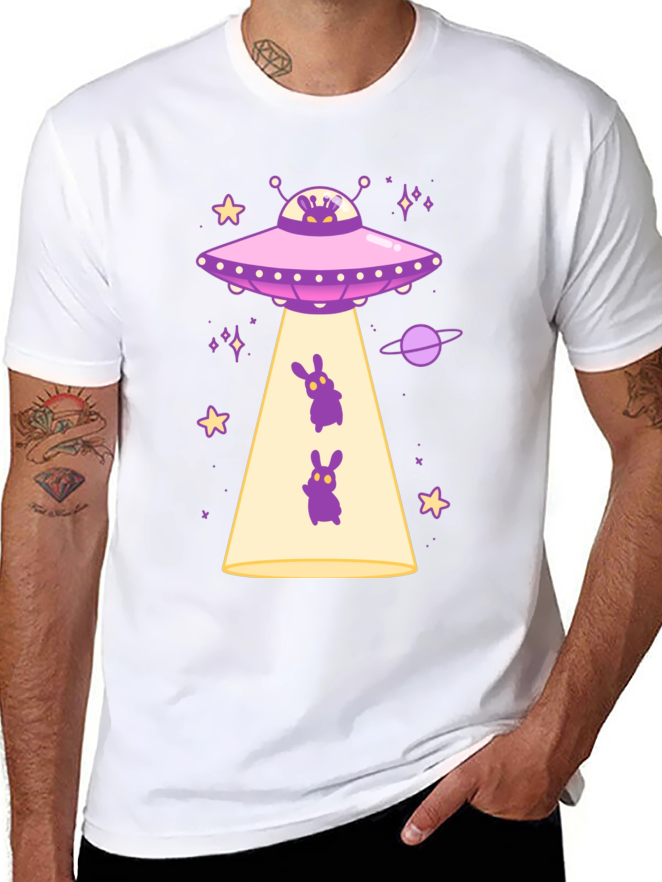 UFO Alien Bunny Graphic T-Shirt - Black Cotton Tee