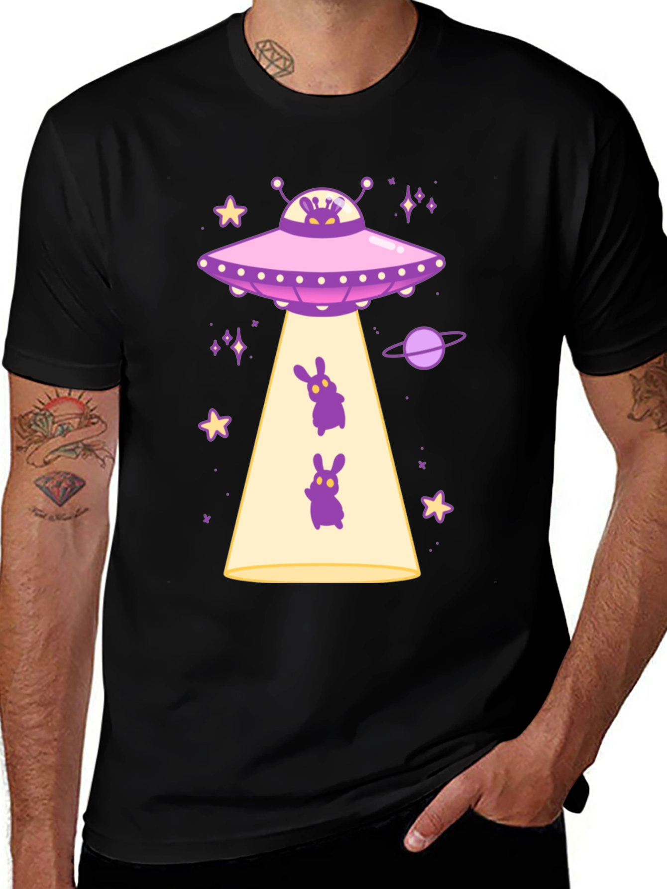 UFO Alien Bunny Graphic T-Shirt - Black Cotton Tee