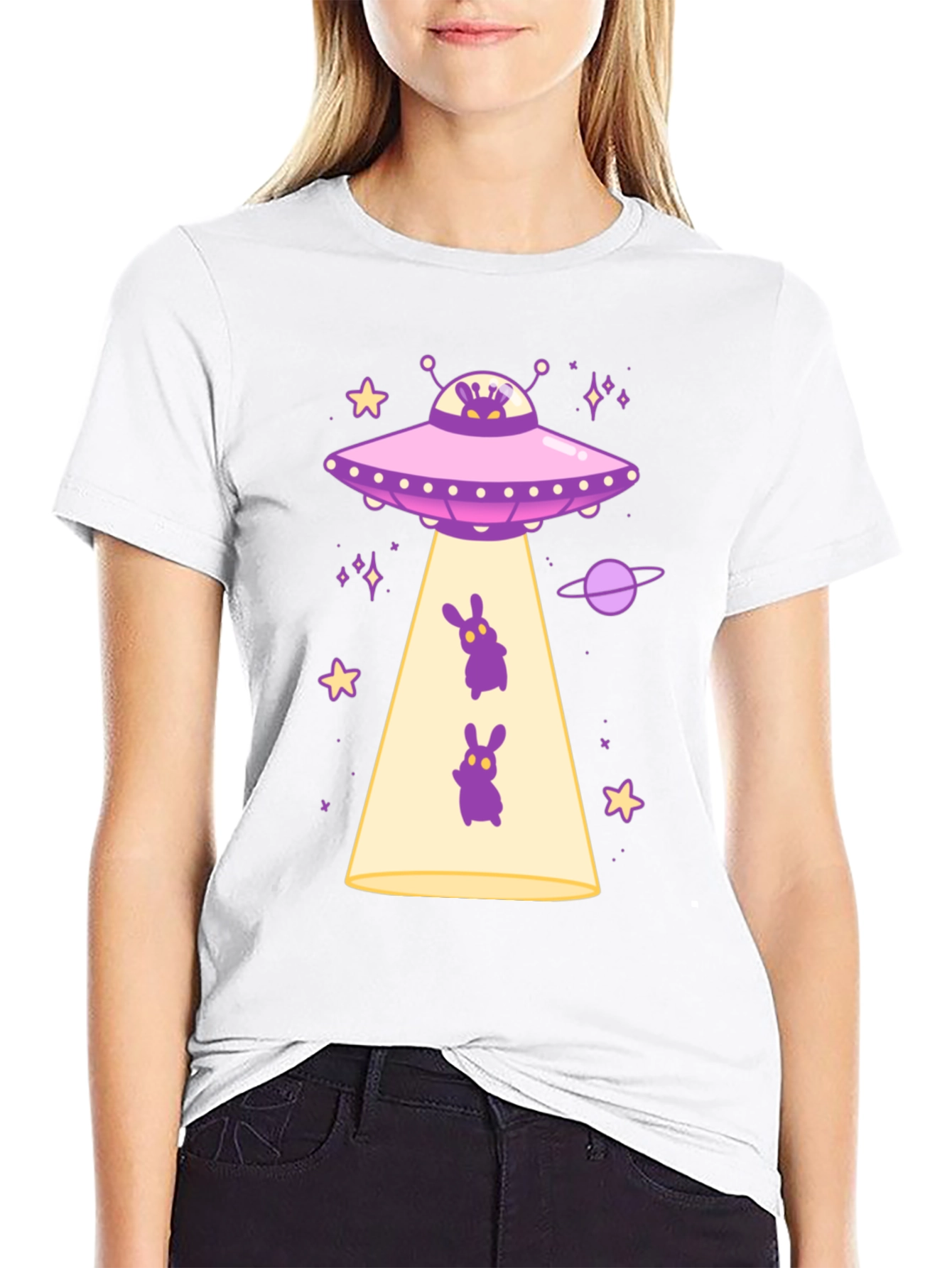 UFO Alien Bunny Graphic T-Shirt - Black Cotton Tee