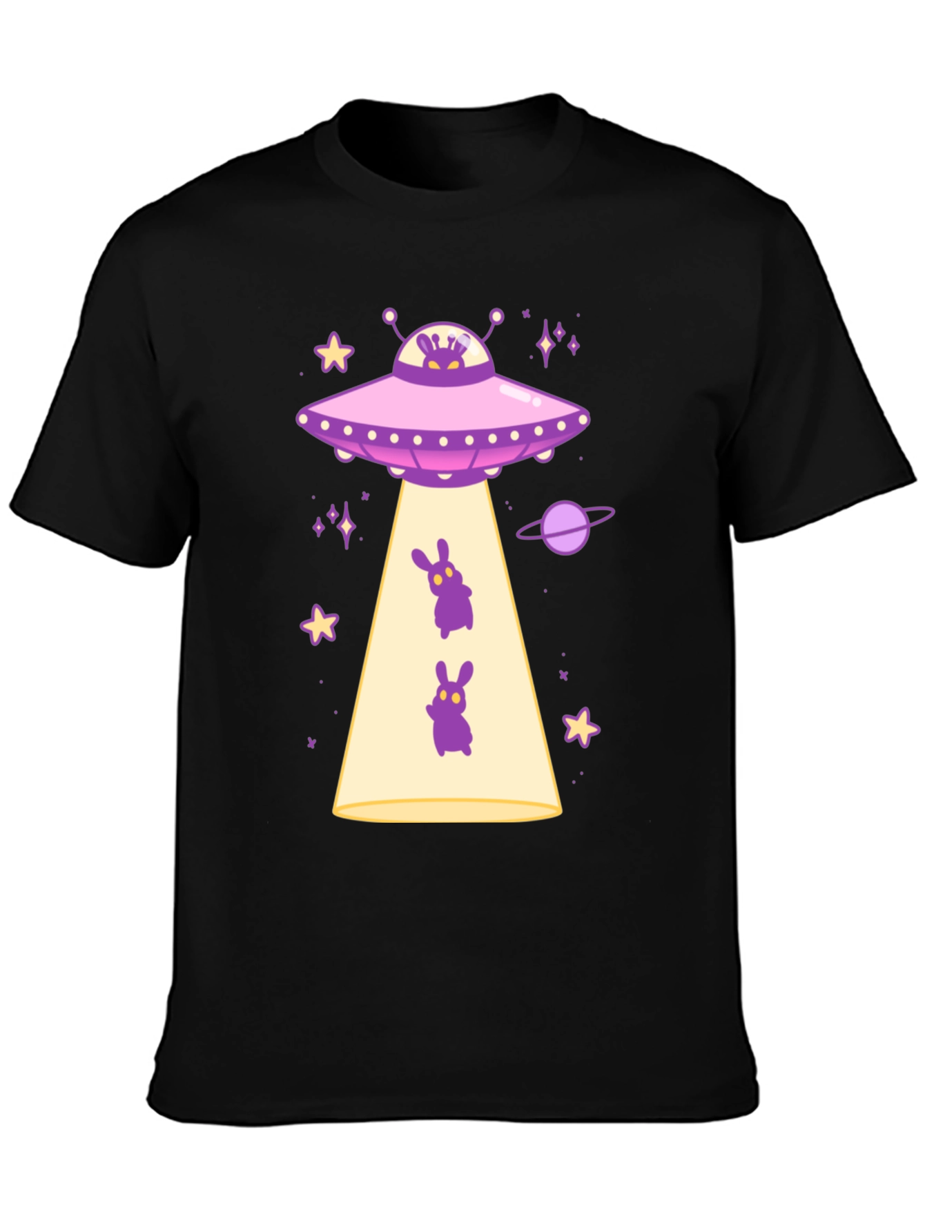 UFO Alien Bunny Graphic T-Shirt - Black Cotton Tee