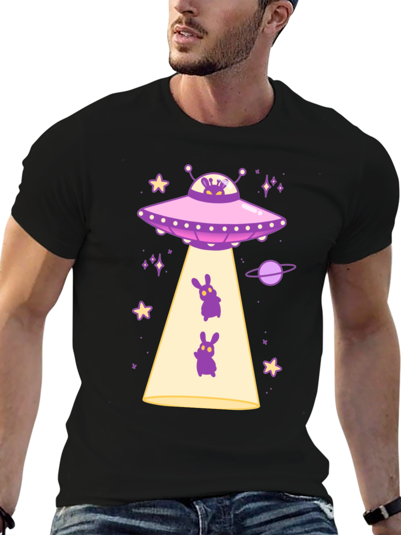 UFO Alien Bunny Graphic T-Shirt - Black Cotton Tee
