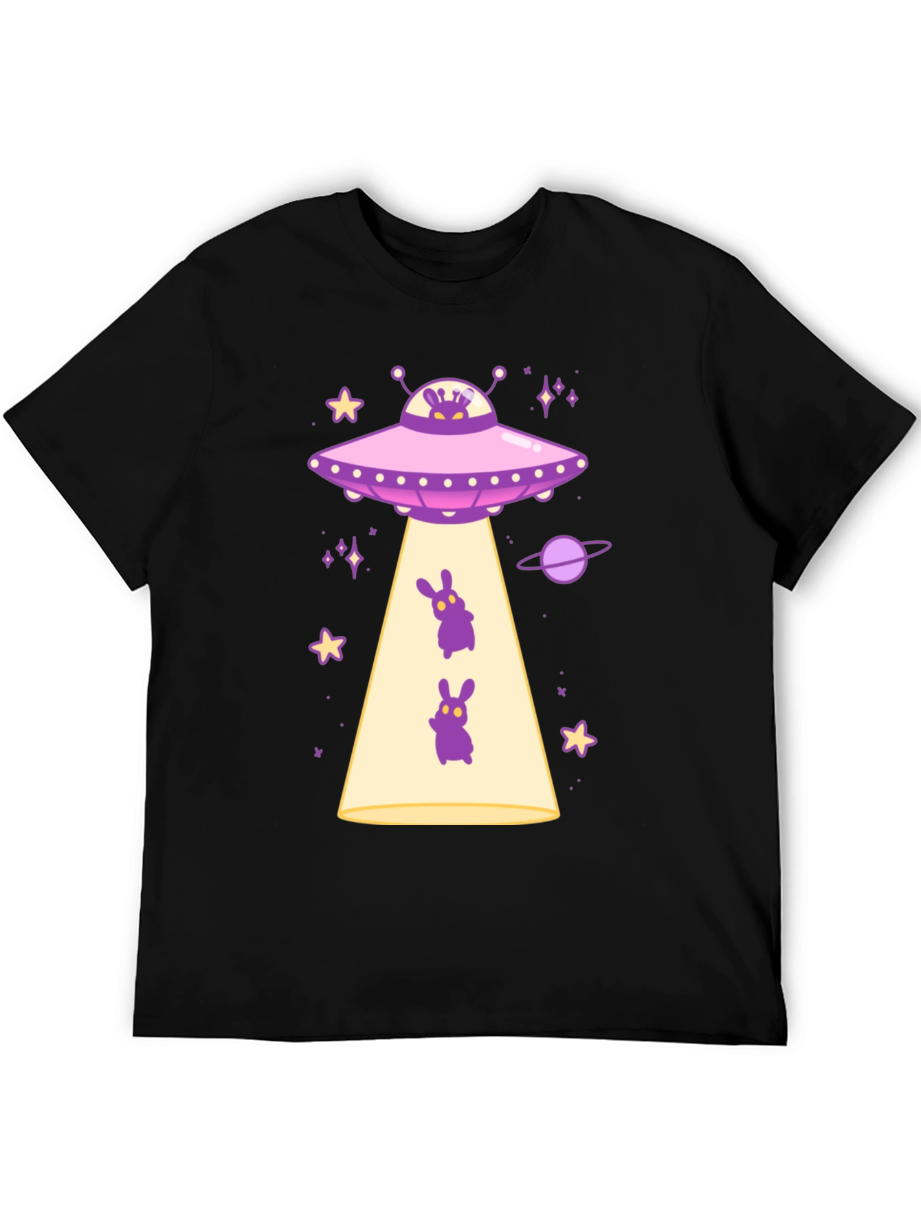 UFO Alien Bunny Graphic T-Shirt - Black Cotton Tee