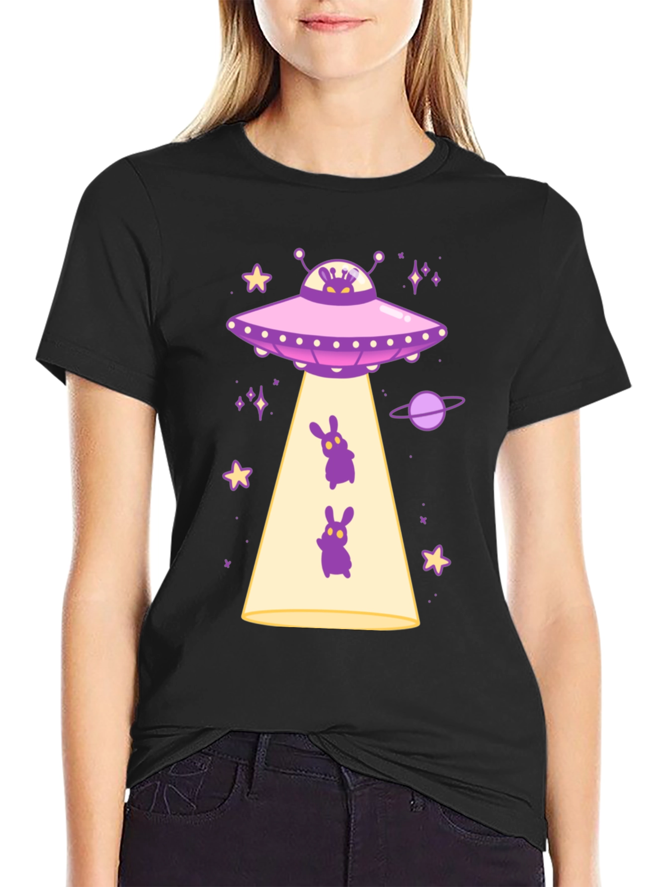 UFO Alien Bunny Graphic T-Shirt - Black Cotton Tee