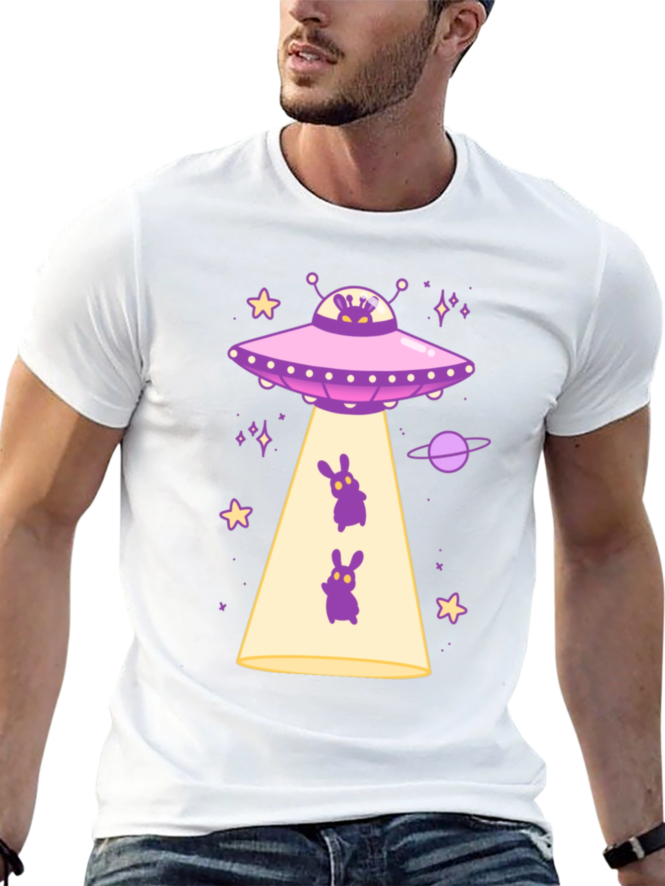 UFO Alien Bunny Graphic T-Shirt - Black Cotton Tee
