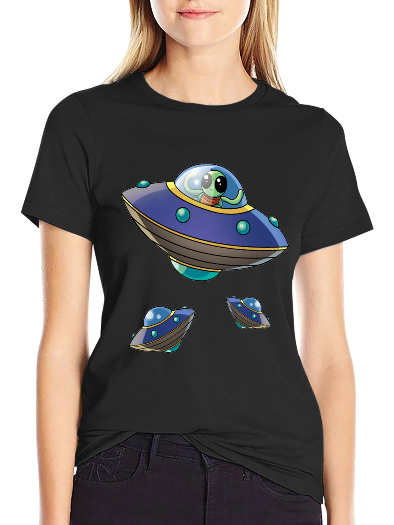 Alien UFO Graphic Print Black T-Shirt