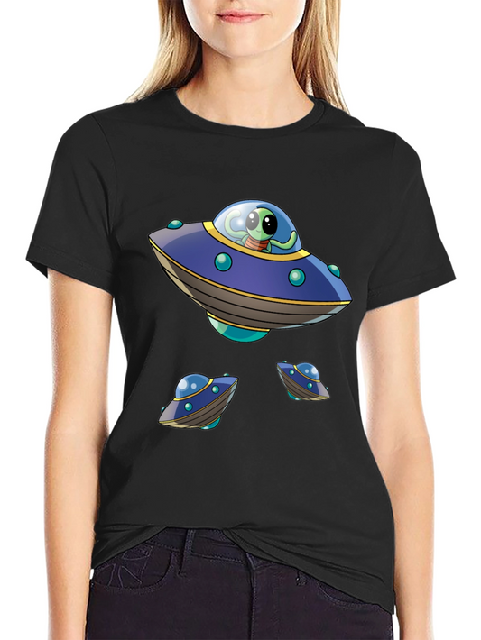 Alien UFO Graphic Print Black T-Shirt