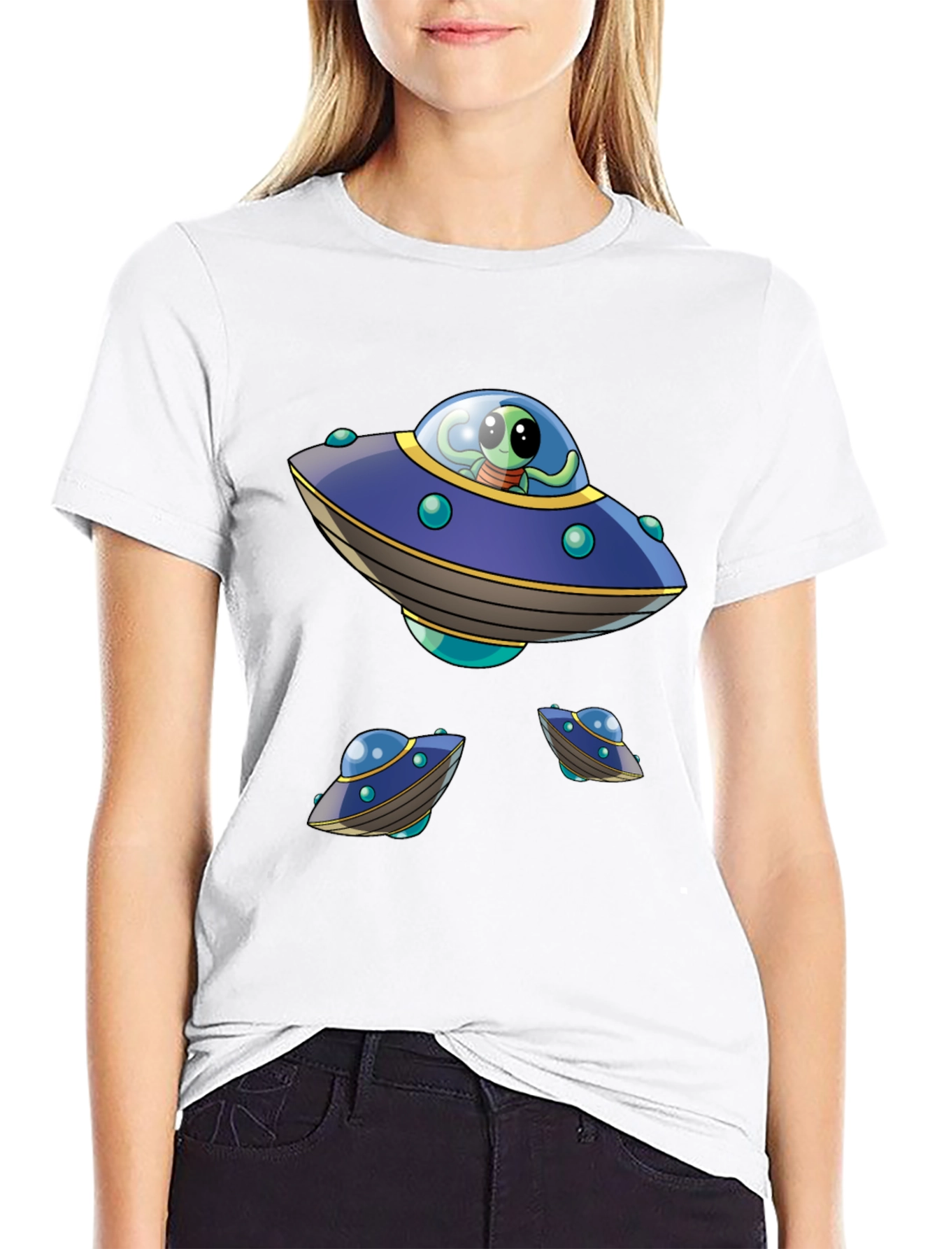 Alien UFO Graphic Print Black T-Shirt