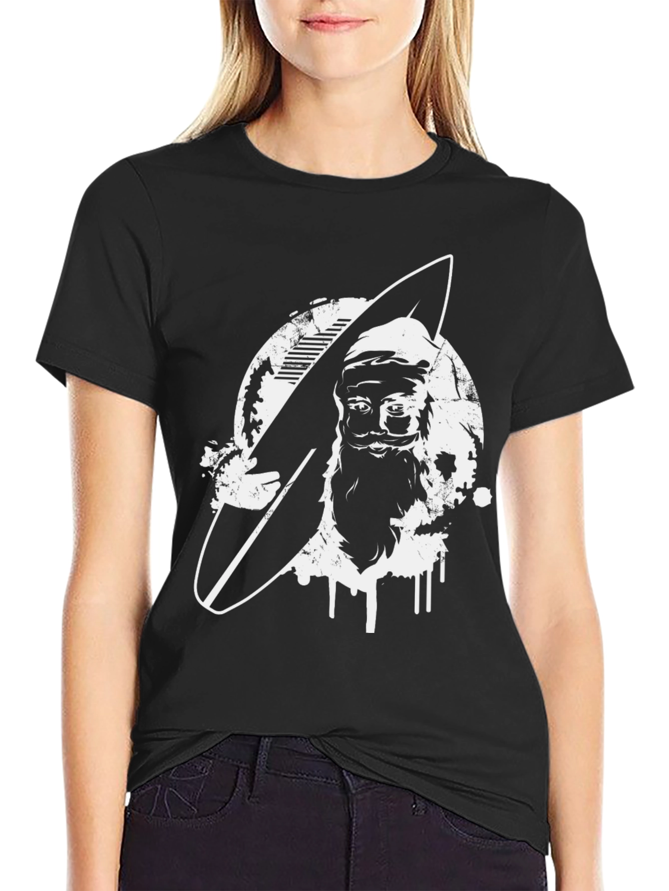 Surfing Santa Black T-Shirt