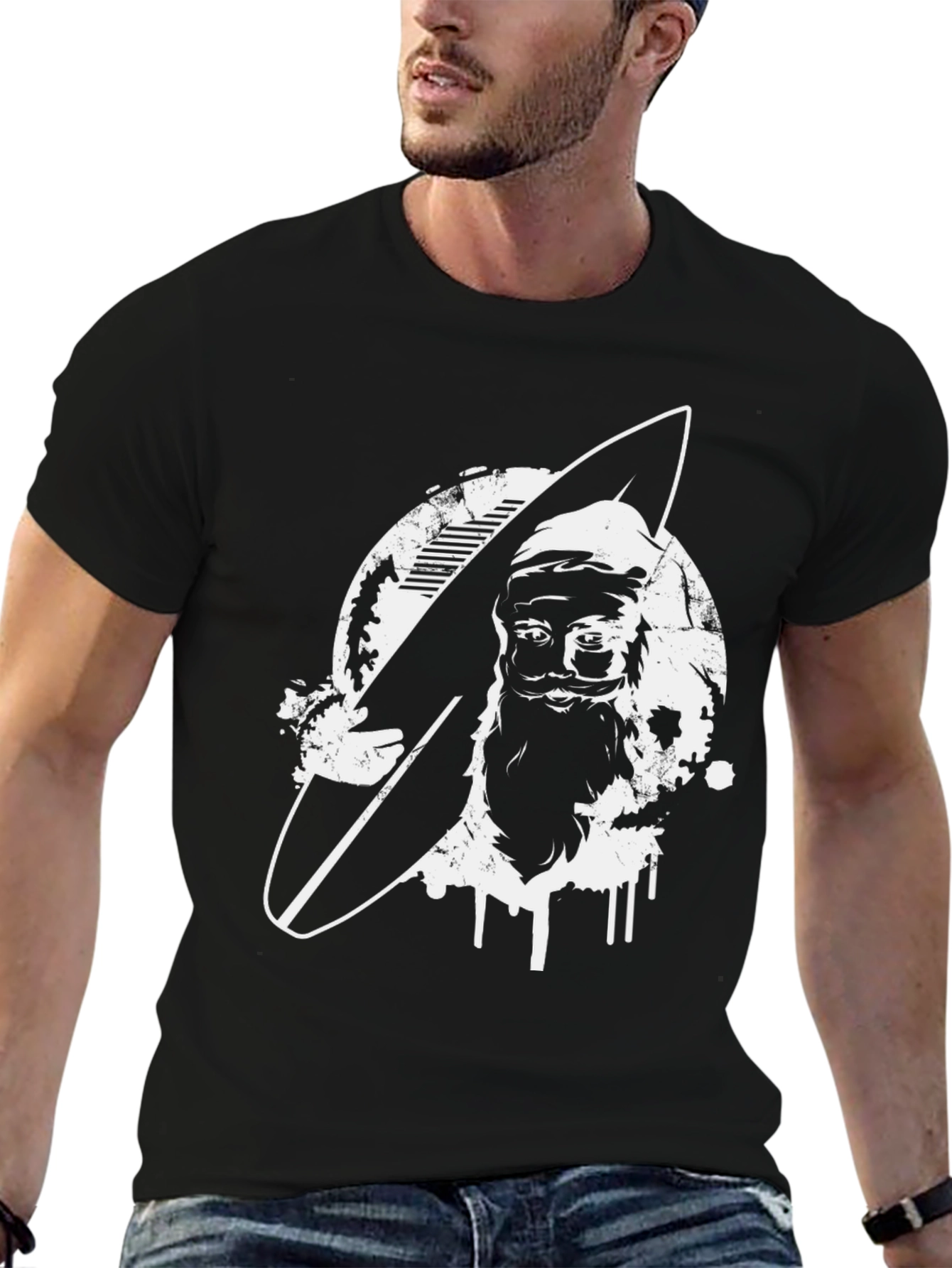 Surfing Santa Black T-Shirt