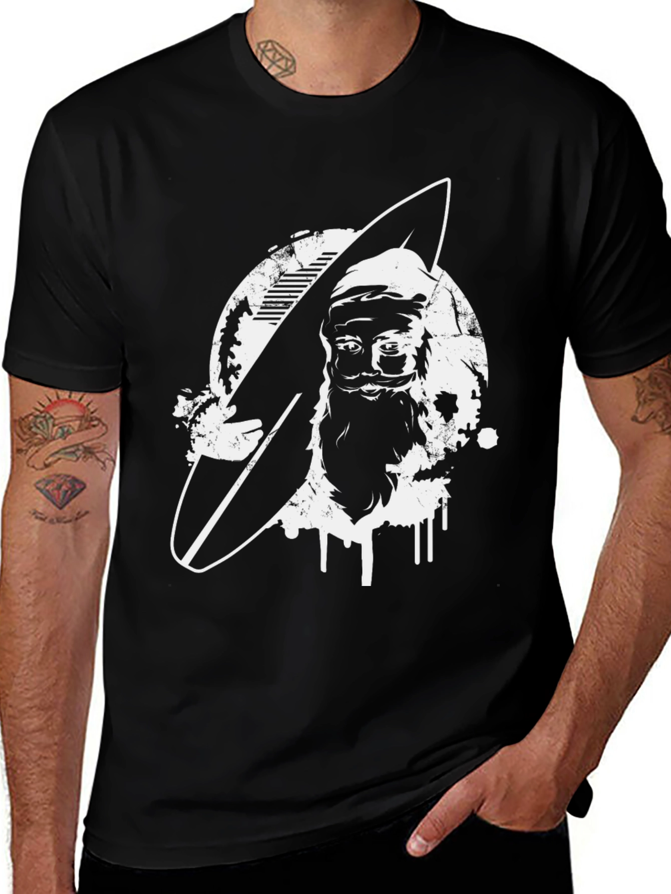Surfing Santa Black T-Shirt