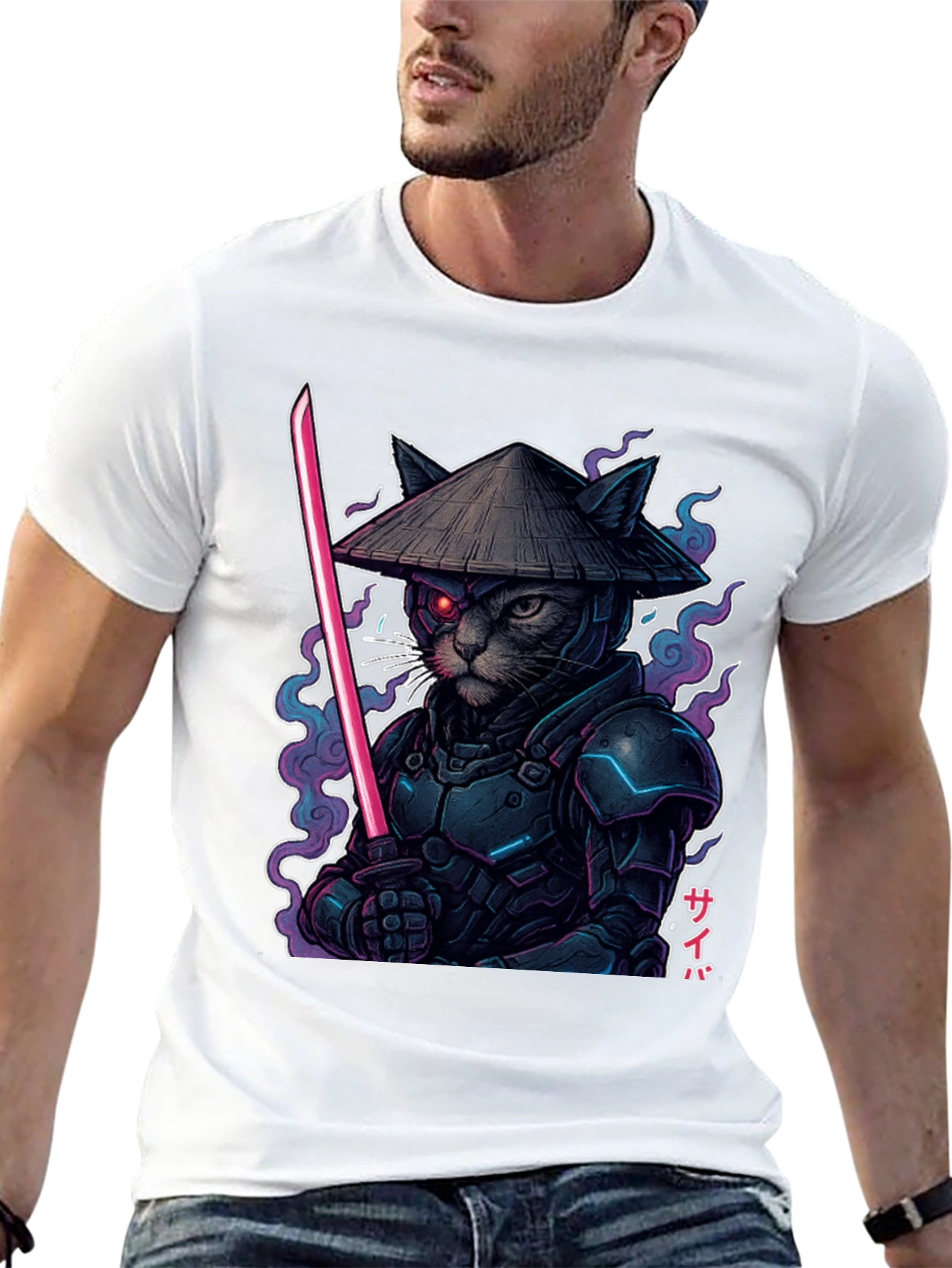 Cyberpunk Cat Samurai Graphic Tee