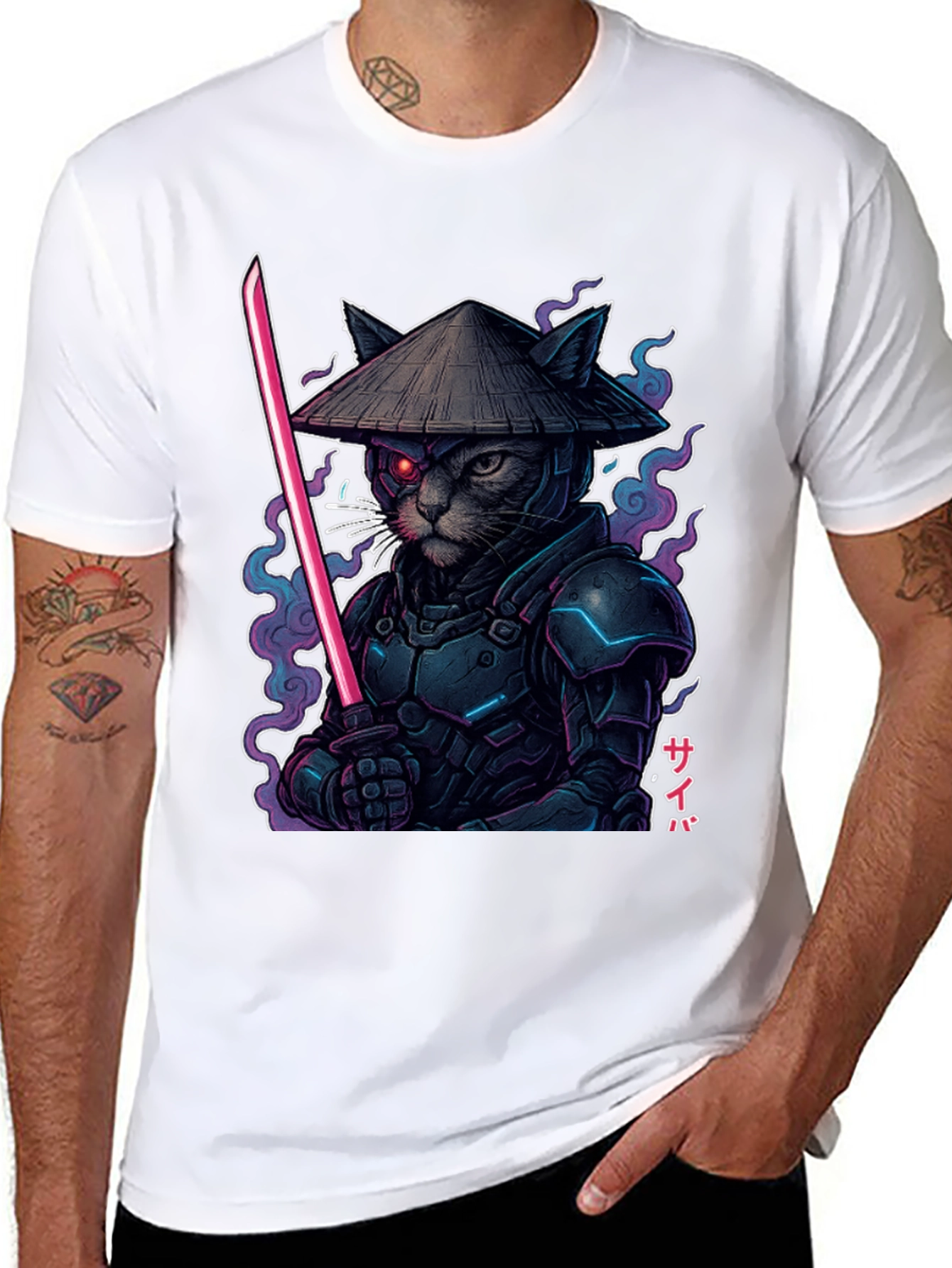 Cyberpunk Cat Samurai Graphic Tee
