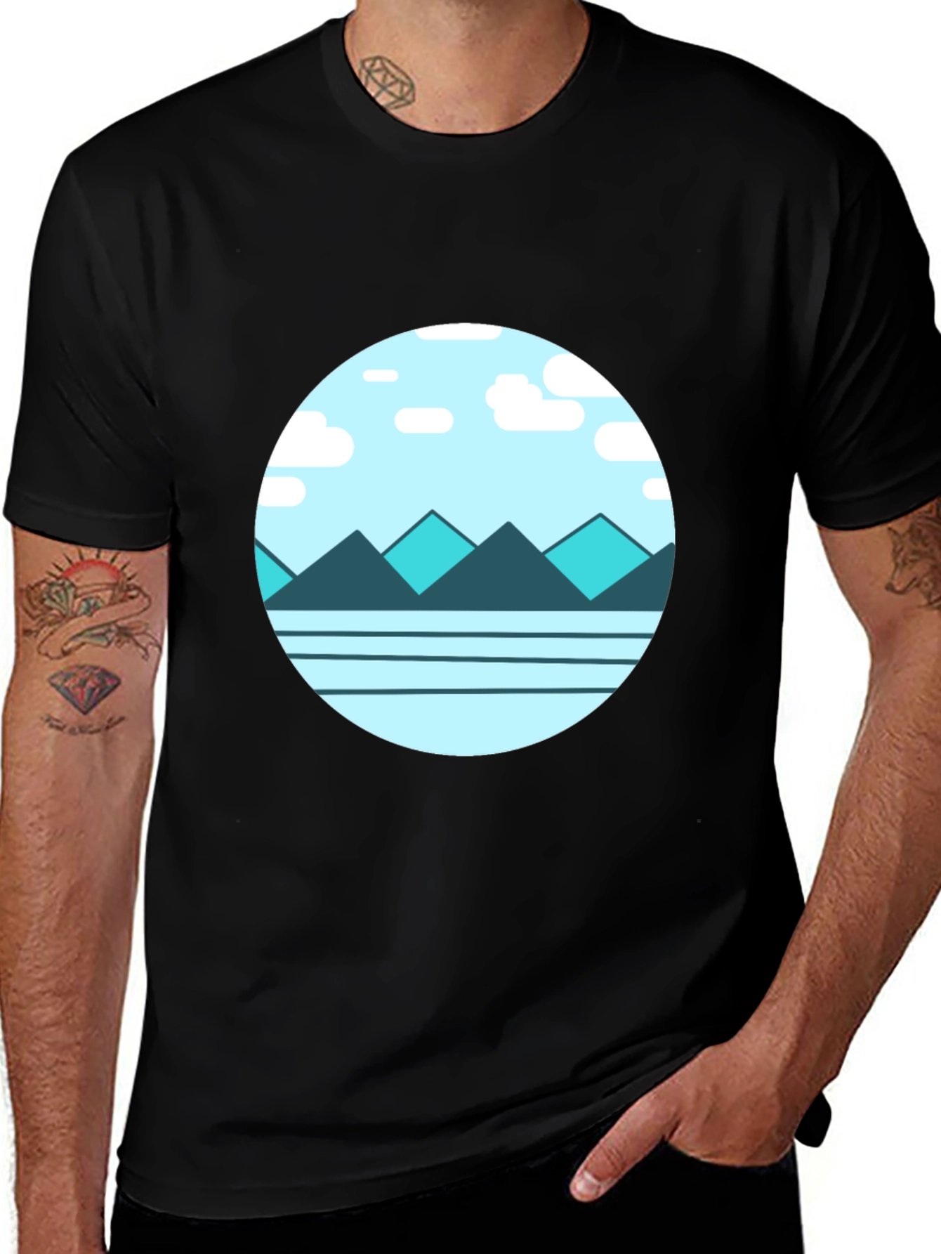 Mountain Graphic Tee - Modern Round Print Black Shirt