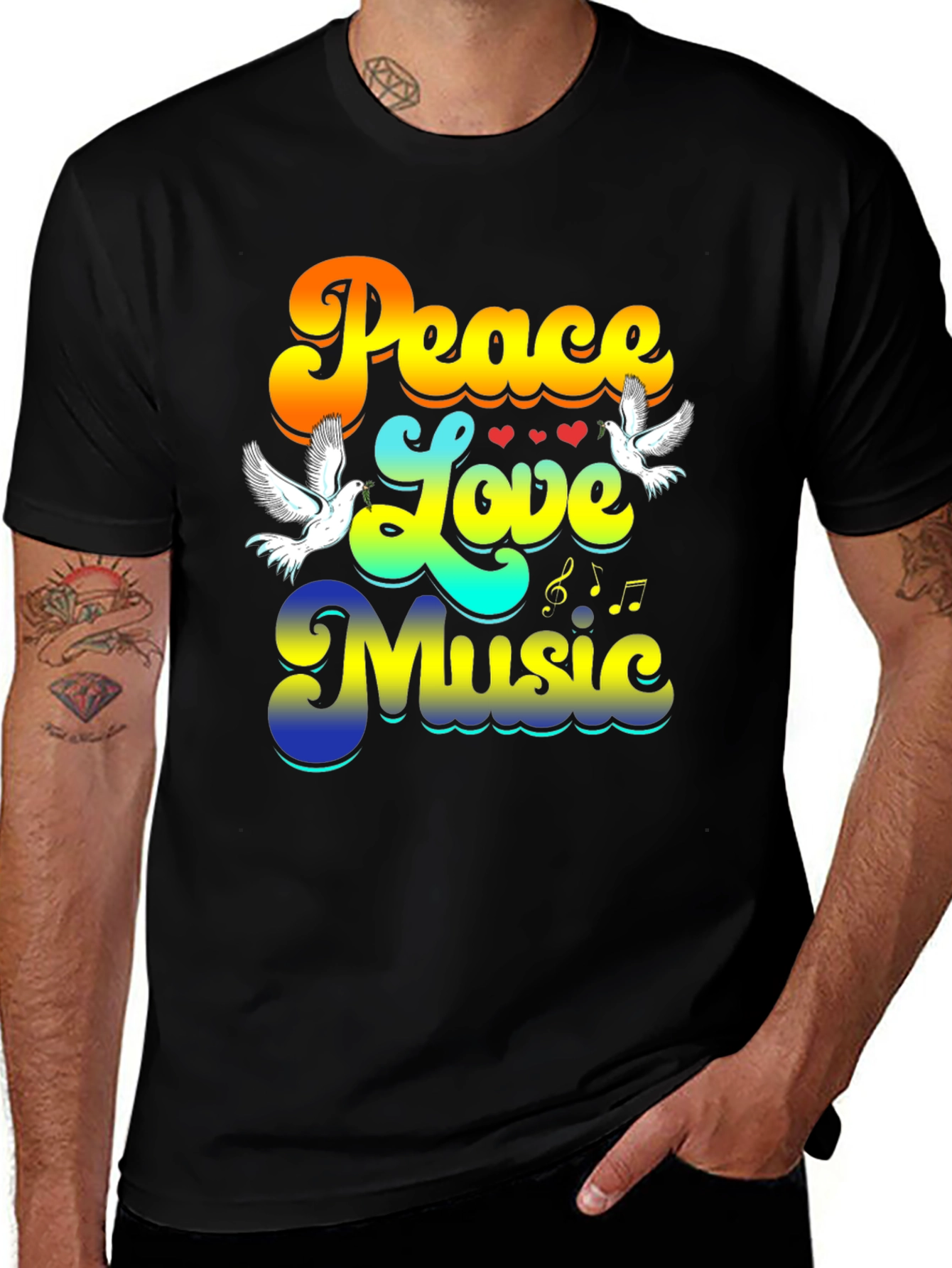 Peace Love Music Retro Black T-Shirt