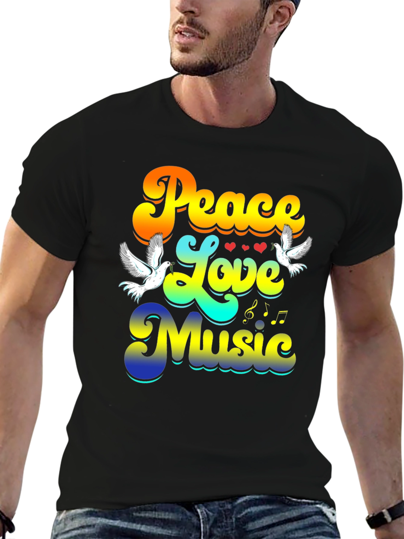 Peace Love Music Retro Black T-Shirt