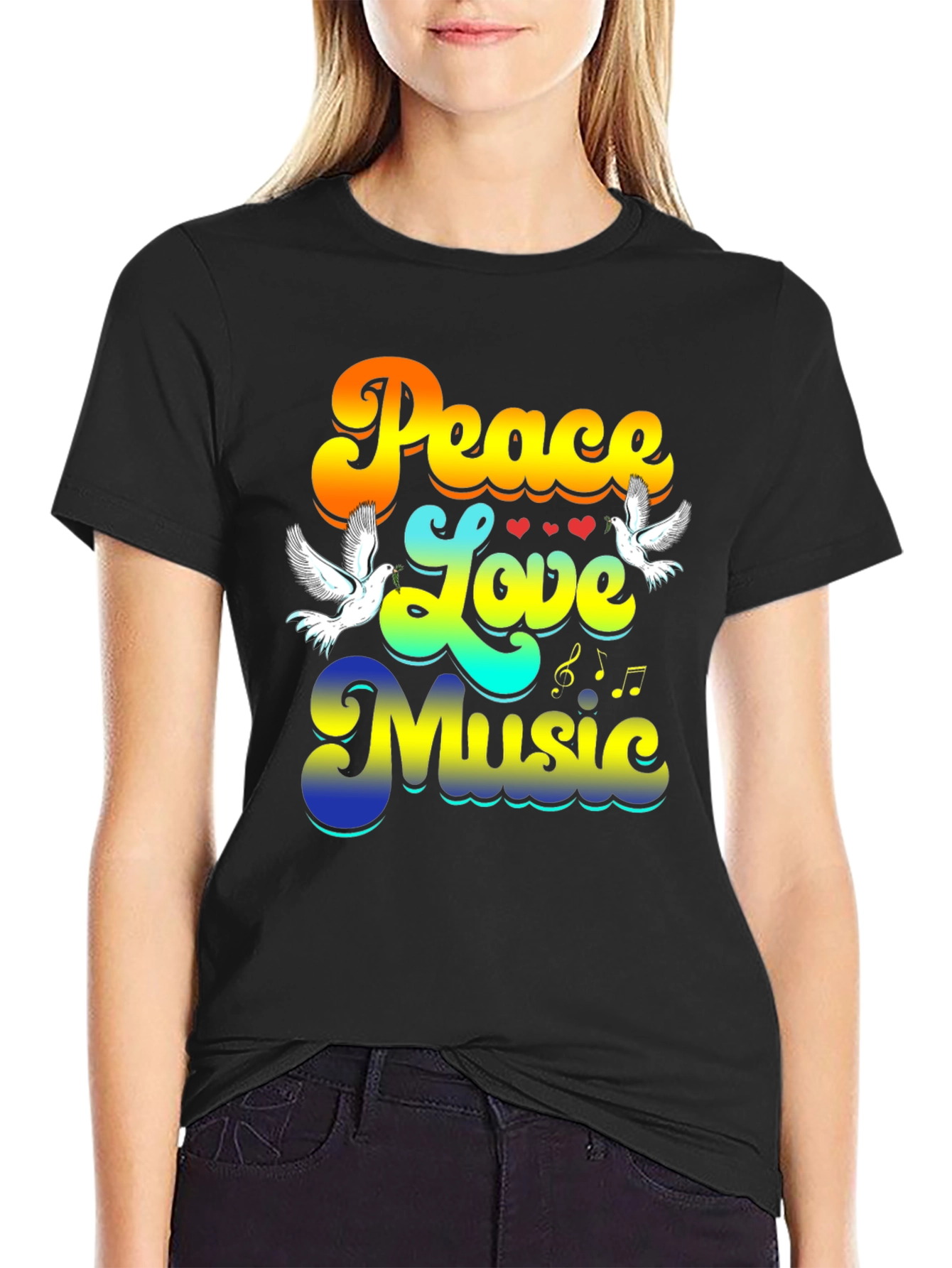 Peace Love Music Retro Black T-Shirt