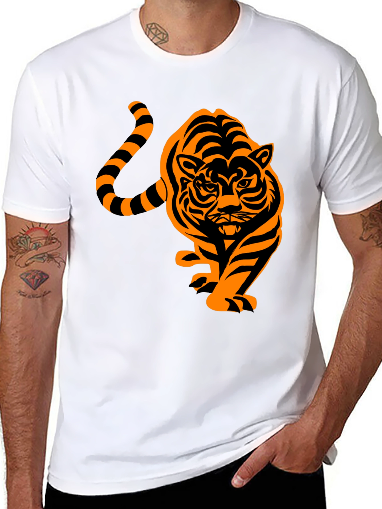 Mens Black T-Shirt with Orange Tiger Design