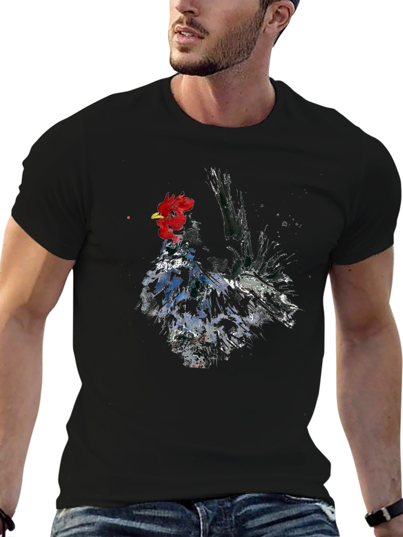 Rooster Graphic Print Black Cotton T-Shirt