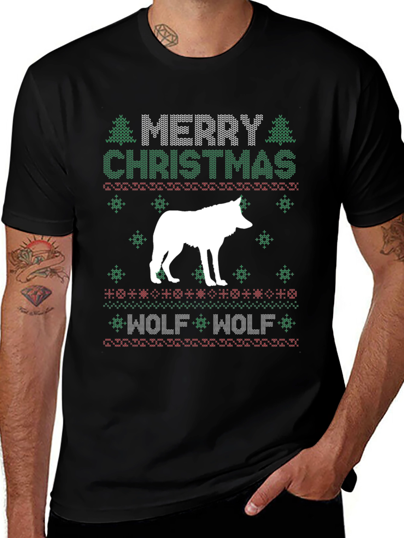 Merry Christmas Wolf Ugly Sweater Style Graphic T-Shirt
