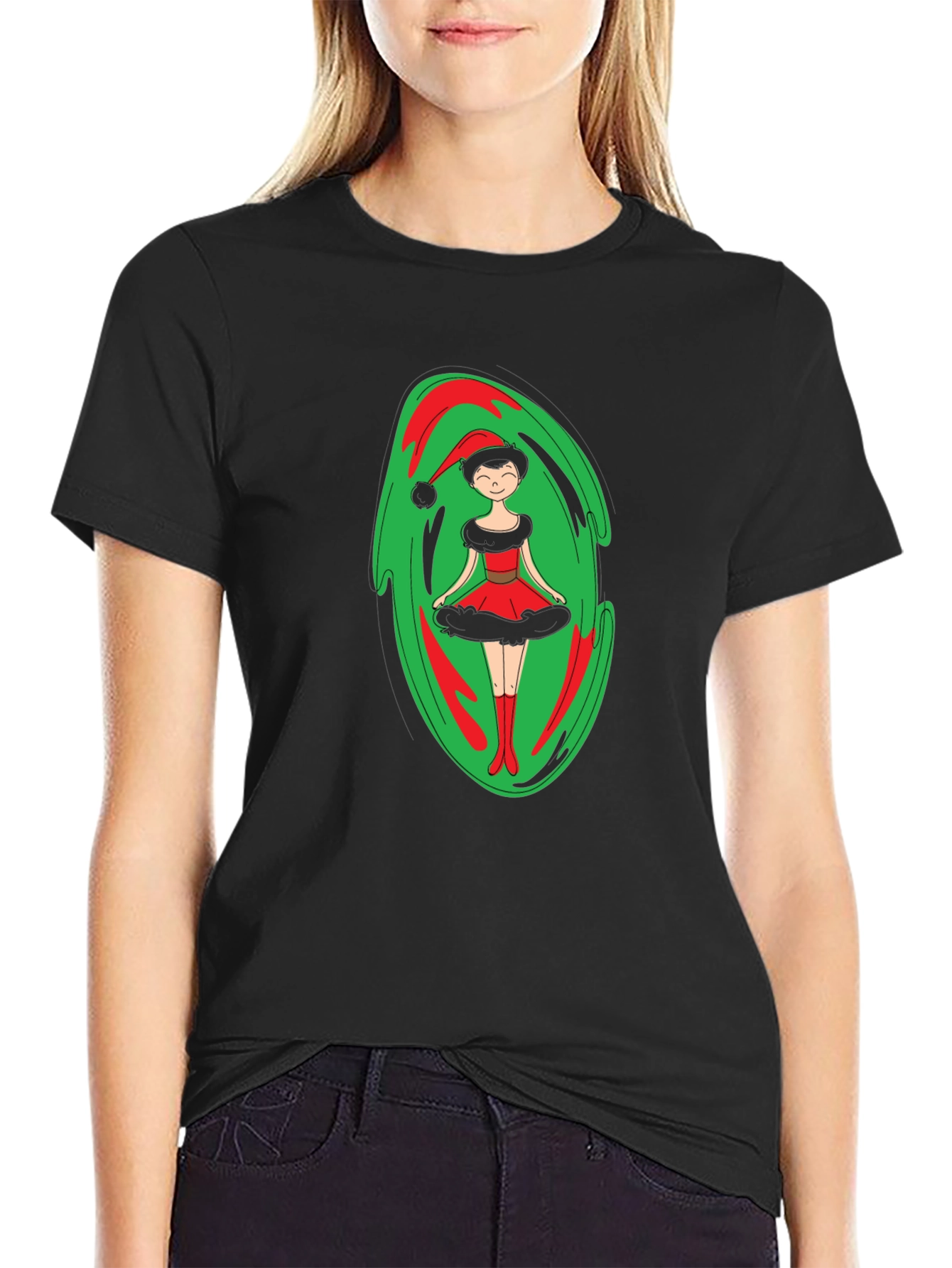 Festive Holiday Elf Graphic Tee - Black