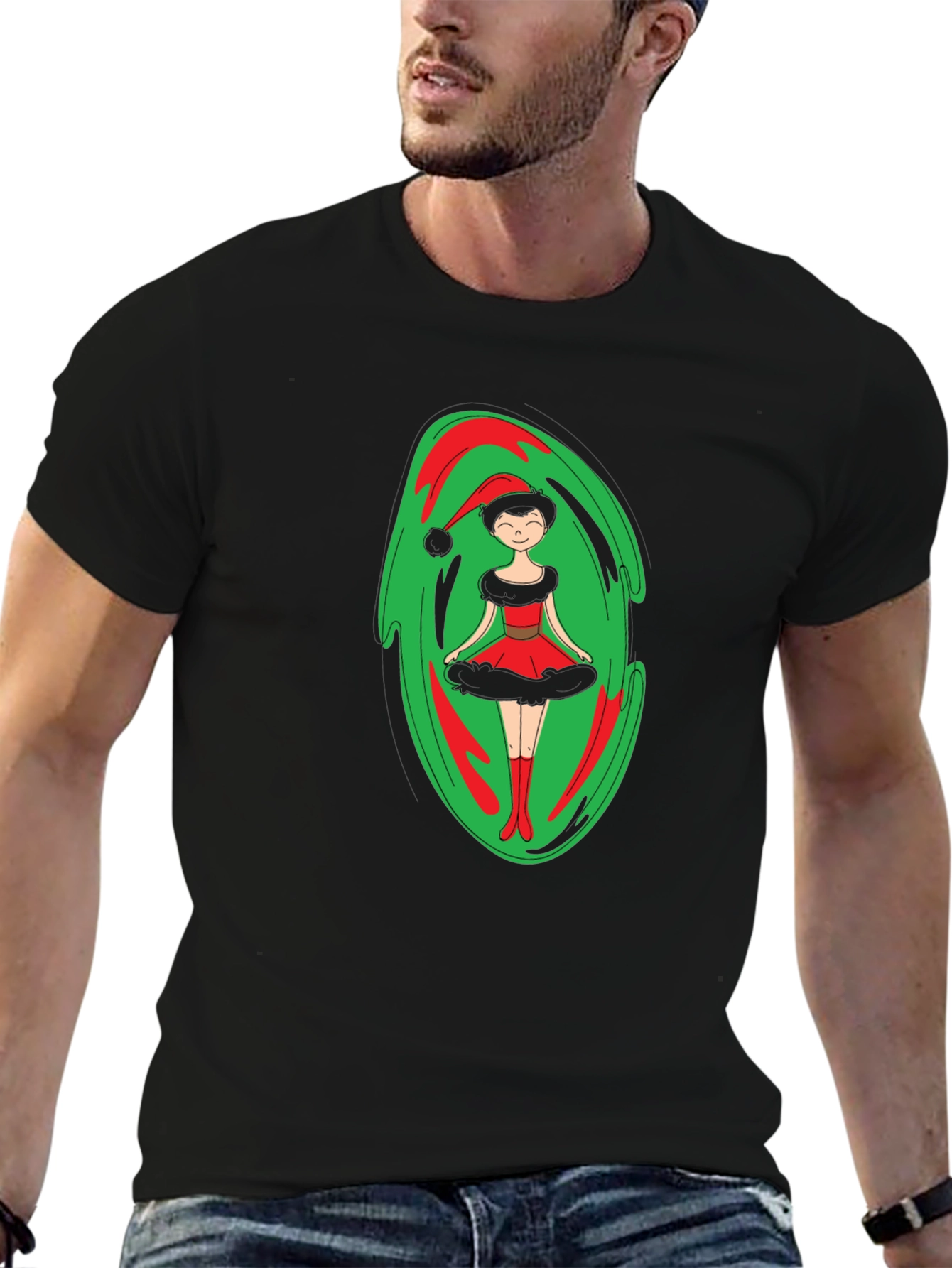 Festive Holiday Elf Graphic Tee - Black