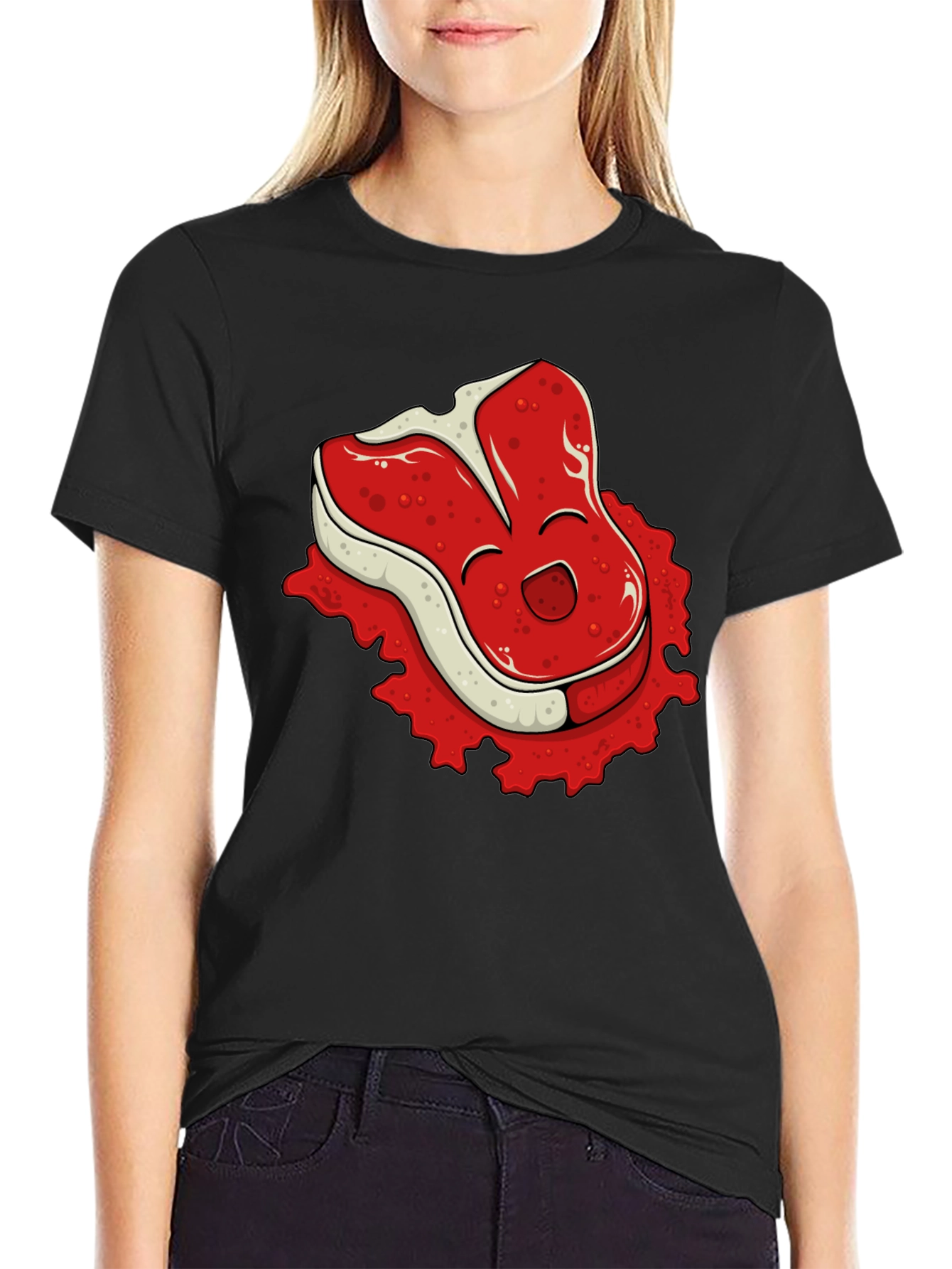 Funny Steak Cartoon Graphic Black T-Shirt