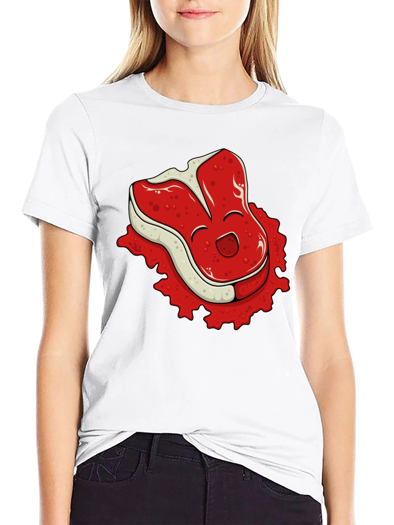 Funny Steak Cartoon Graphic Black T-Shirt