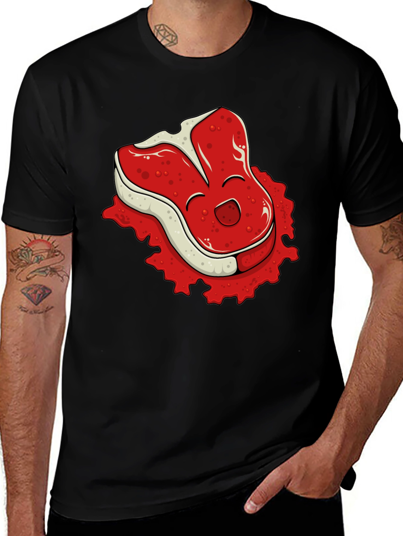 Funny Steak Cartoon Graphic Black T-Shirt
