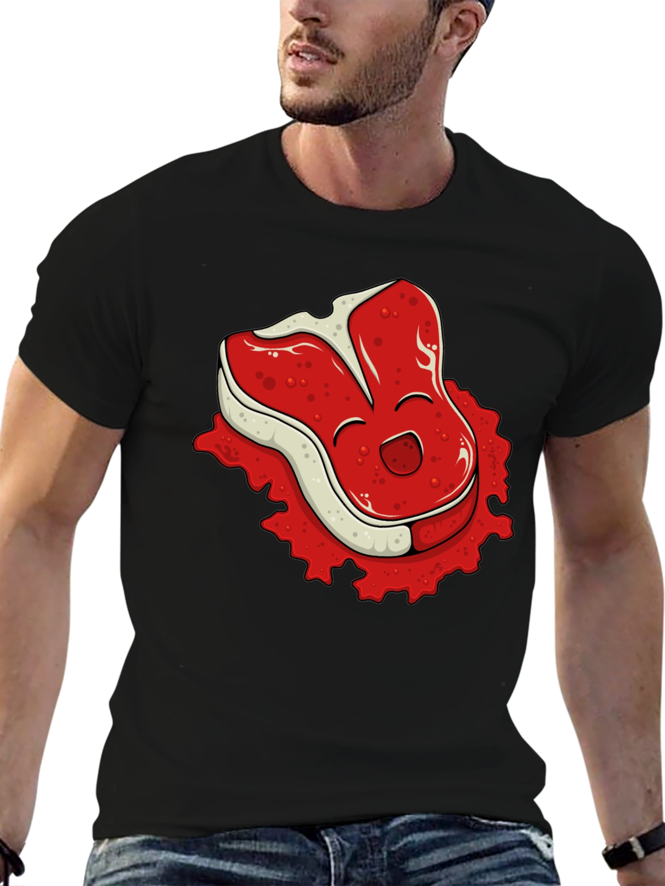 Funny Steak Cartoon Graphic Black T-Shirt