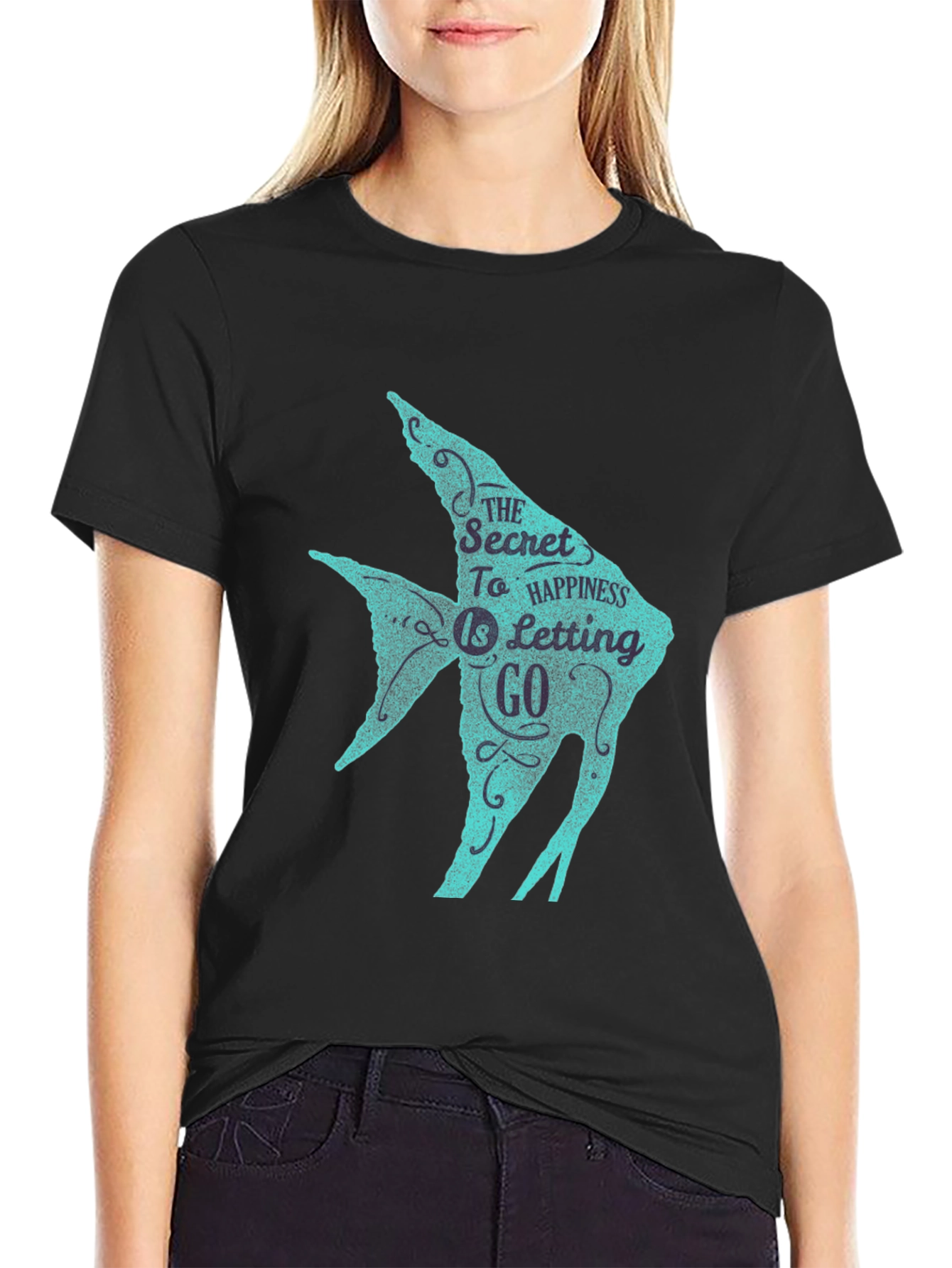 Secret to Happiness Fish Graphic T-Shirt - Black
