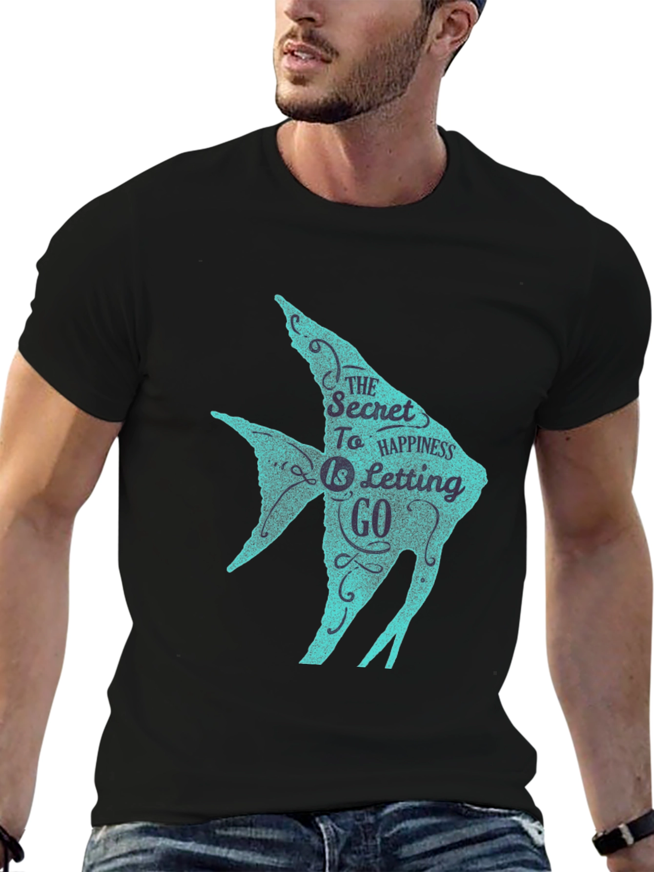 Secret to Happiness Fish Graphic T-Shirt - Black
