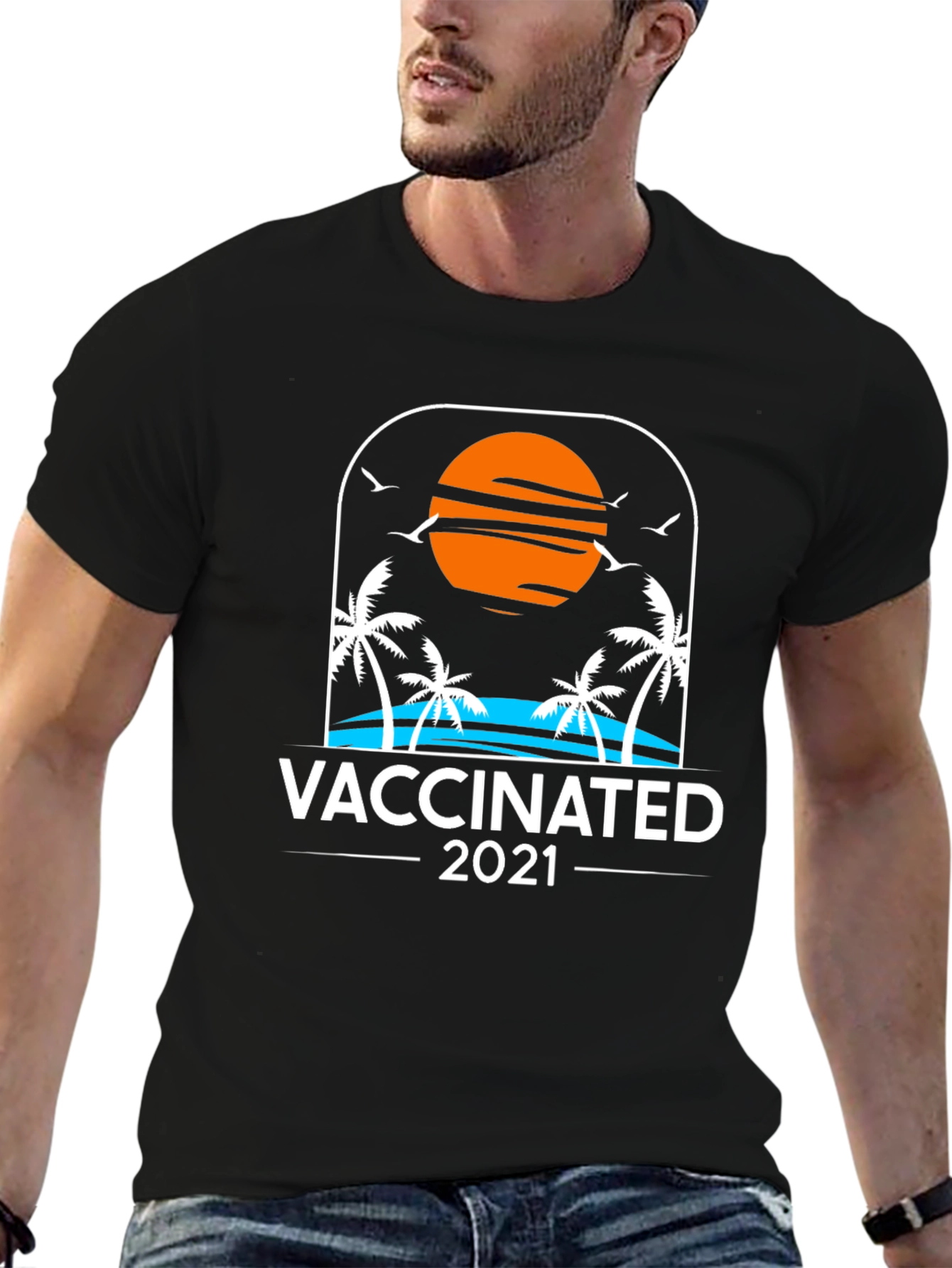 Vaccinated 2021 T-Shirt Beach Sunset Palm Trees