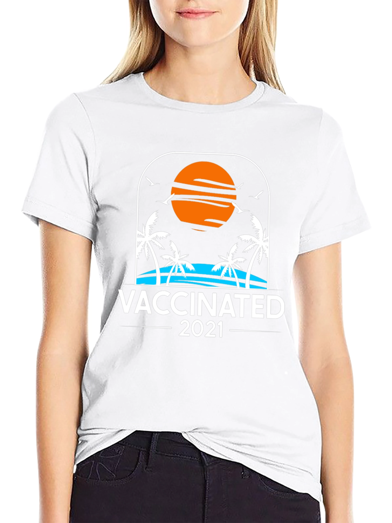 Vaccinated 2021 T-Shirt Beach Sunset Palm Trees