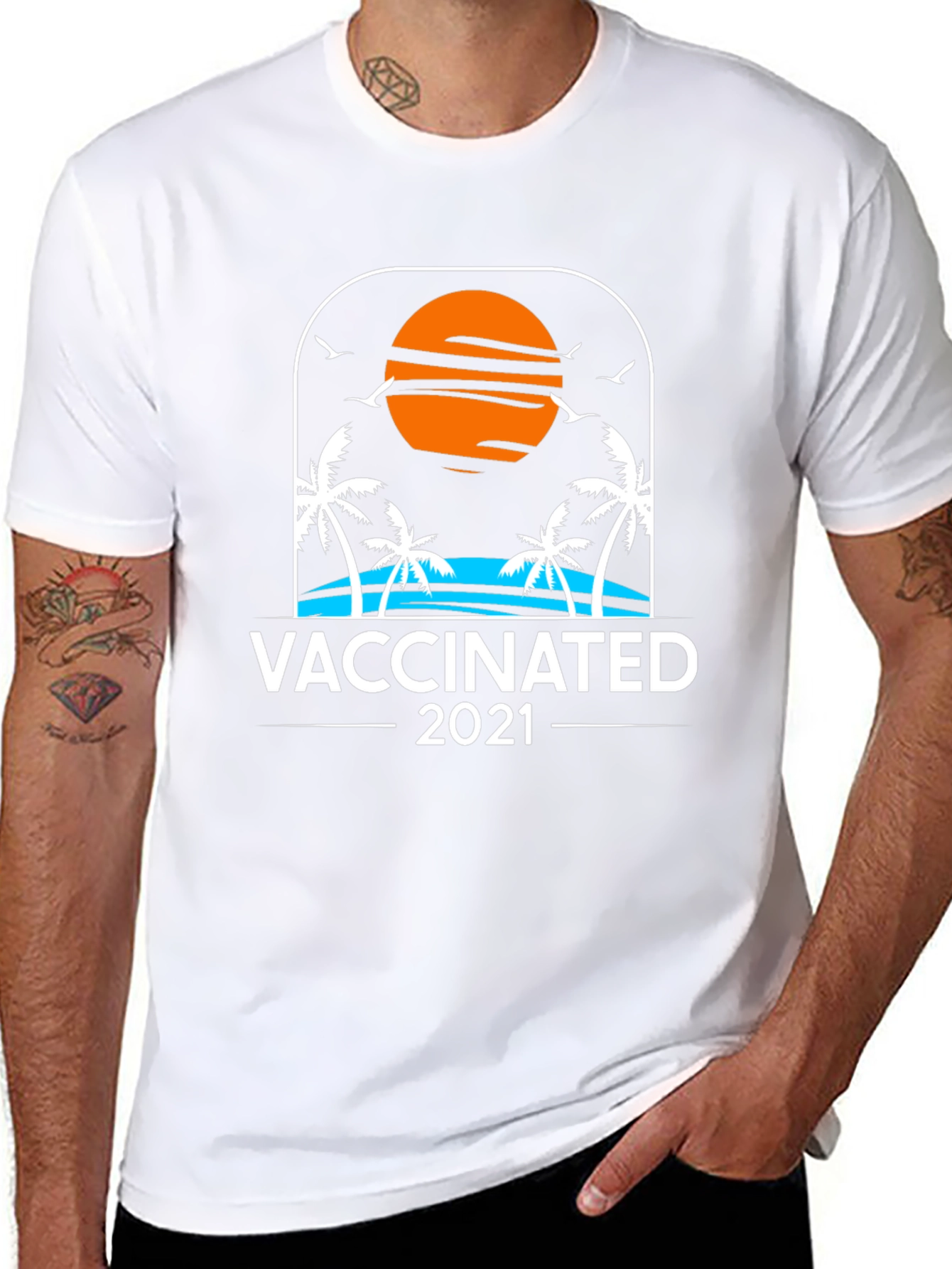 Vaccinated 2021 T-Shirt Beach Sunset Palm Trees