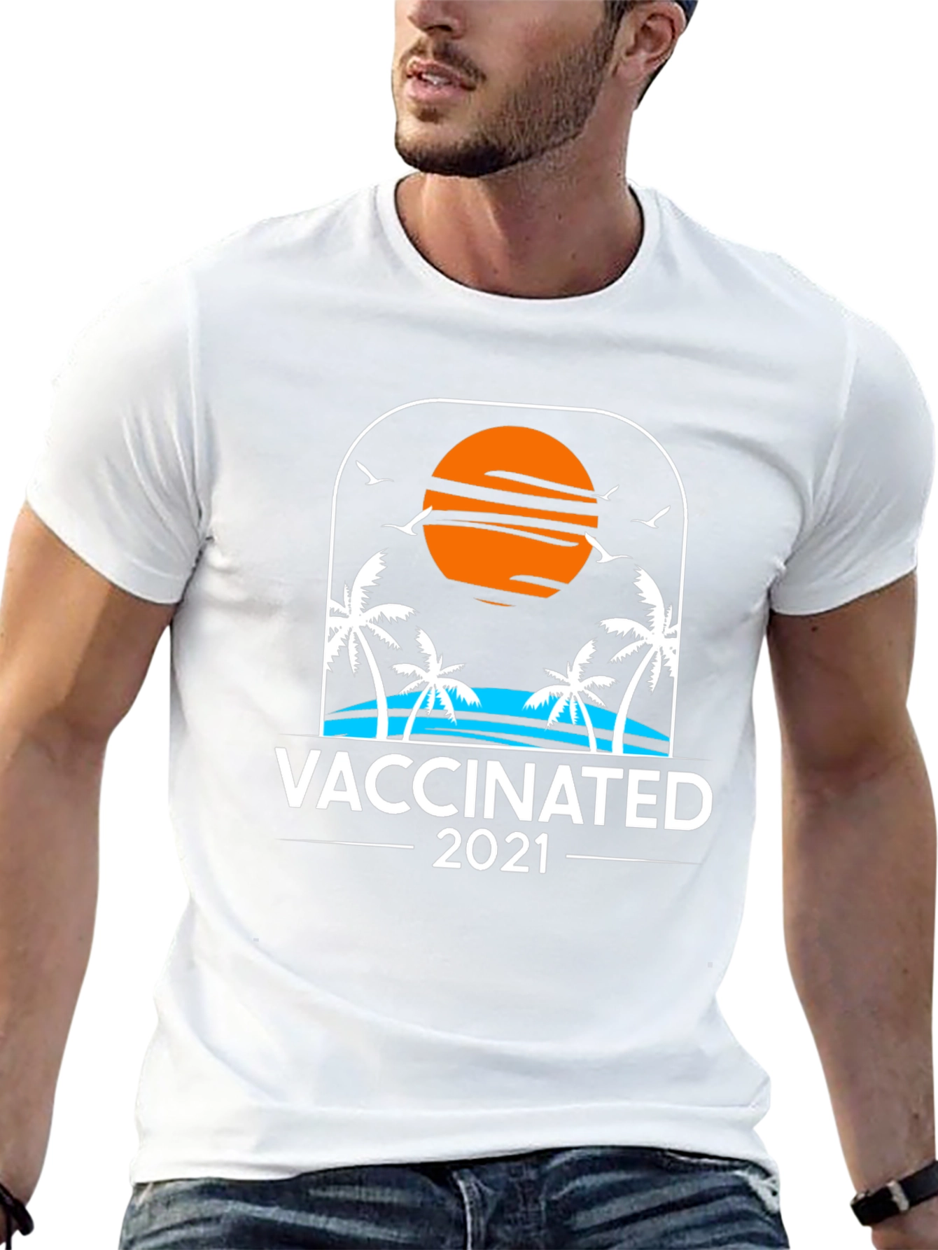 Vaccinated 2021 T-Shirt Beach Sunset Palm Trees