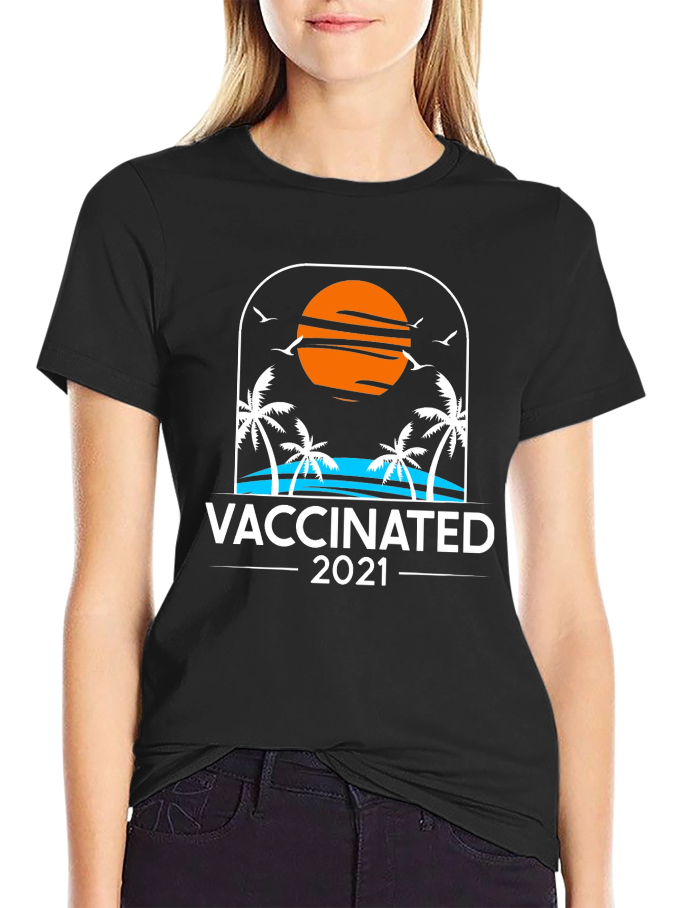 Vaccinated 2021 T-Shirt Beach Sunset Palm Trees