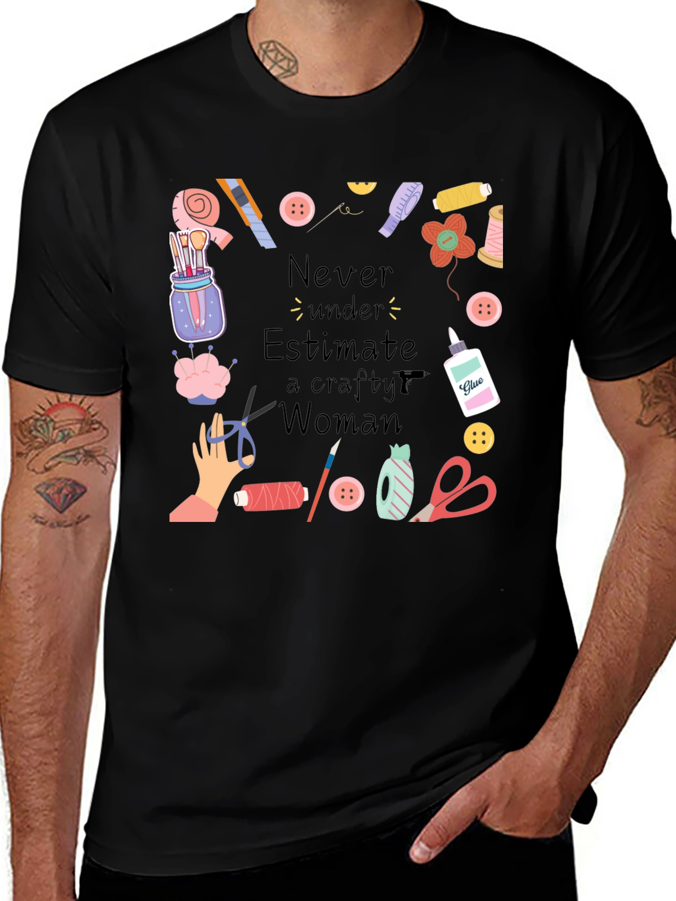 Crafty Woman T-Shirt - Black Cotton Graphic Tee