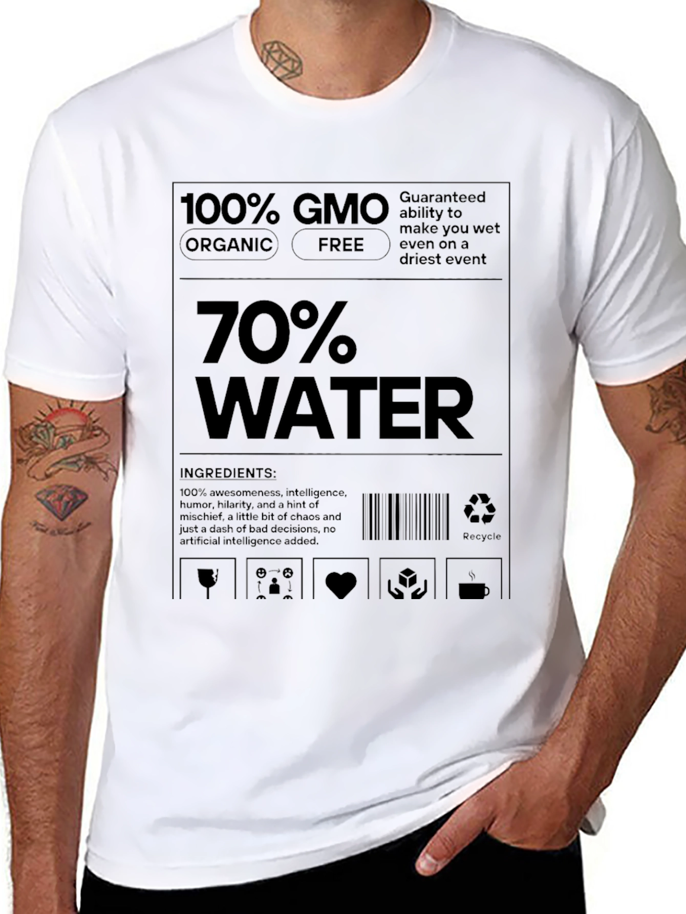 Humorous 70% Water Ingredient Label Graphic Tee