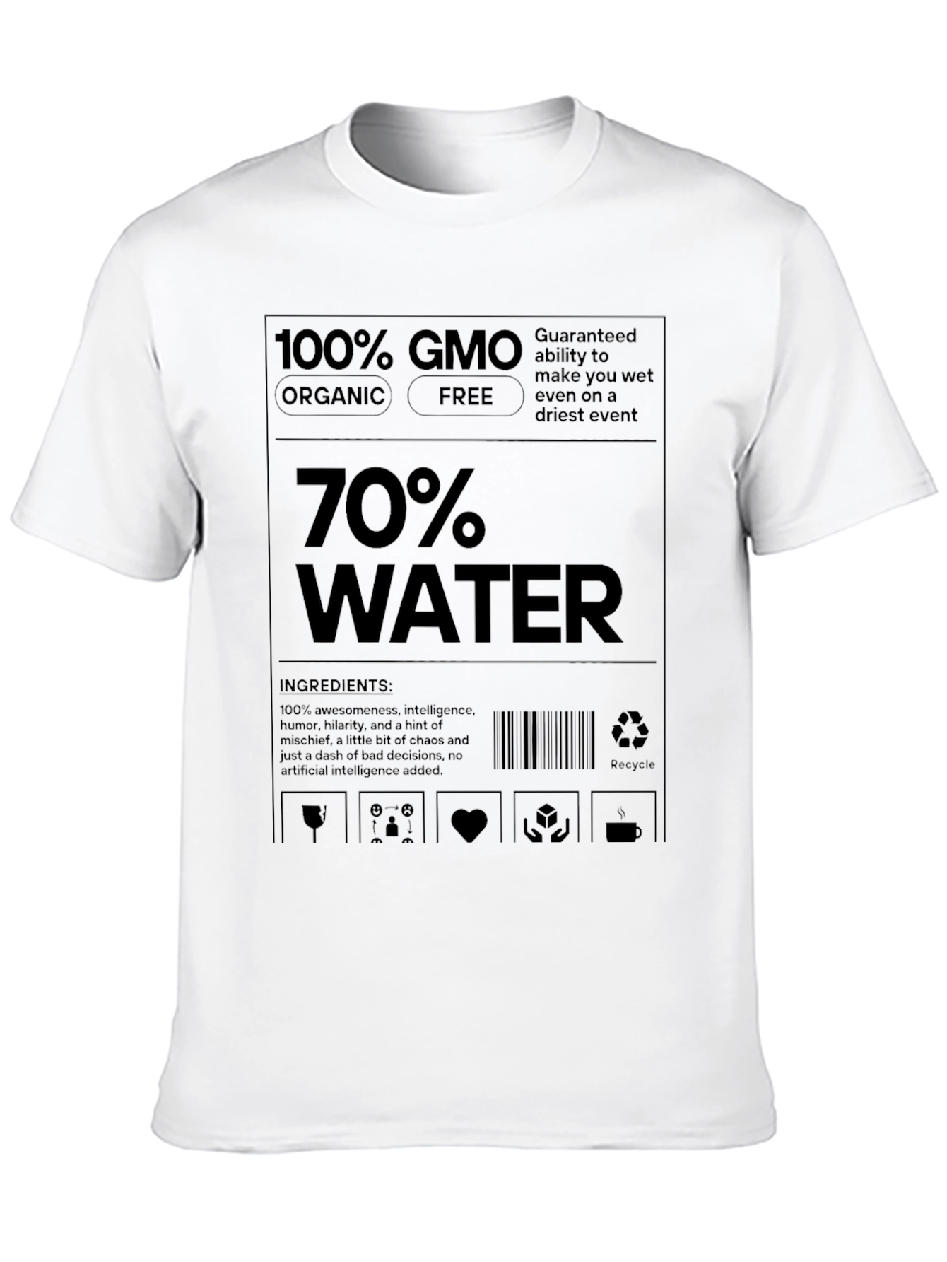 Humorous 70% Water Ingredient Label Graphic Tee