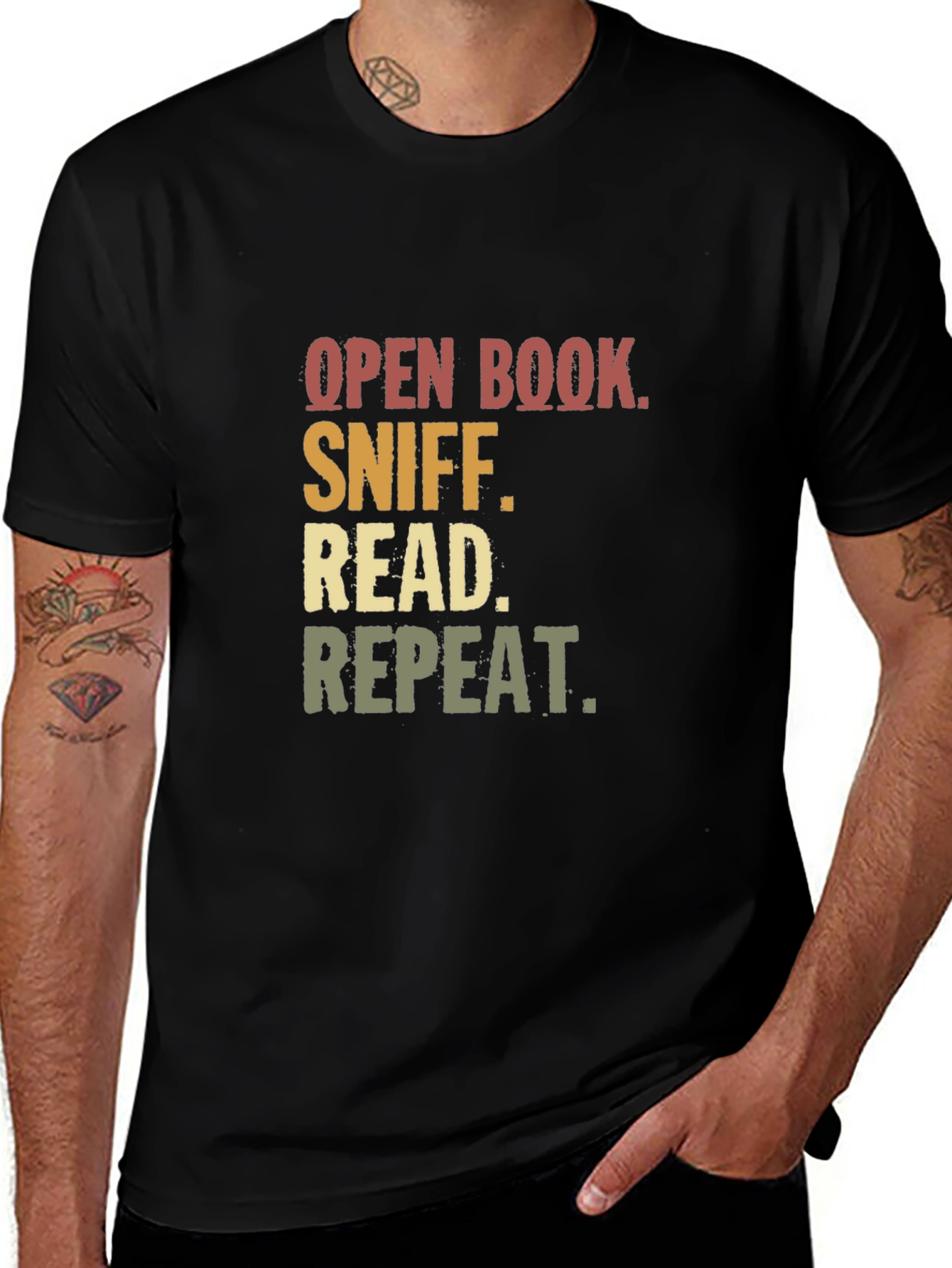 Open Book Sniff Read Repeat Black T-Shirt
