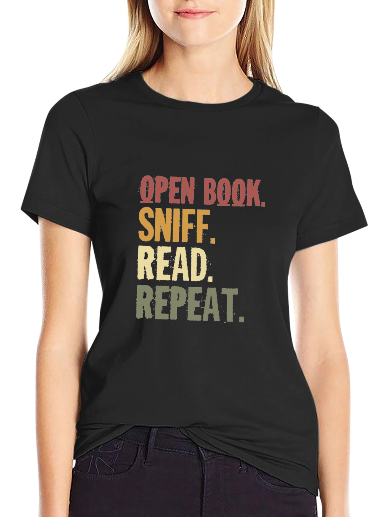 Open Book Sniff Read Repeat Black T-Shirt