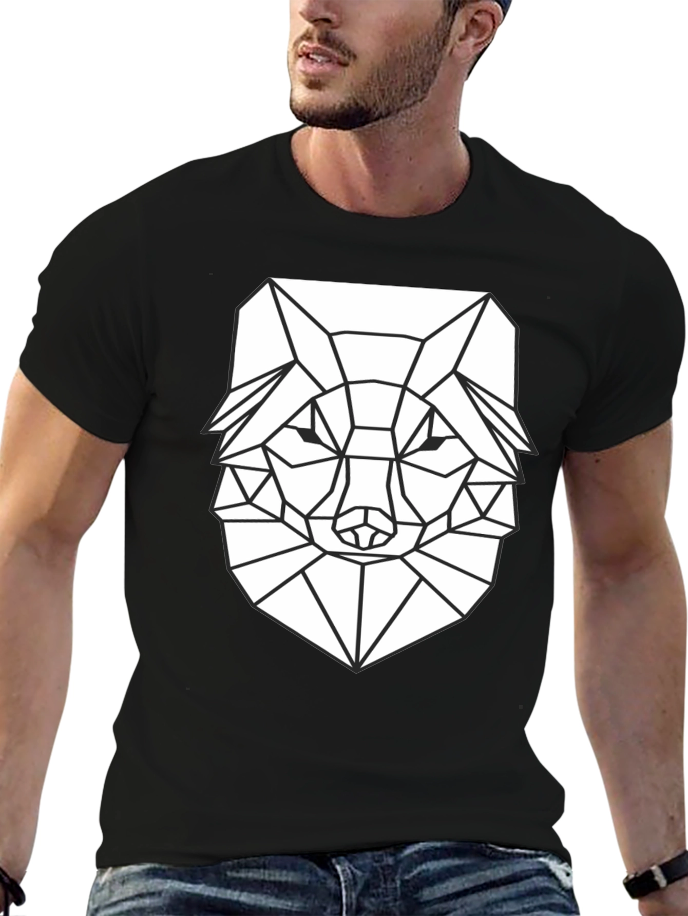Geometric Wolf Graphic T-Shirt - Black